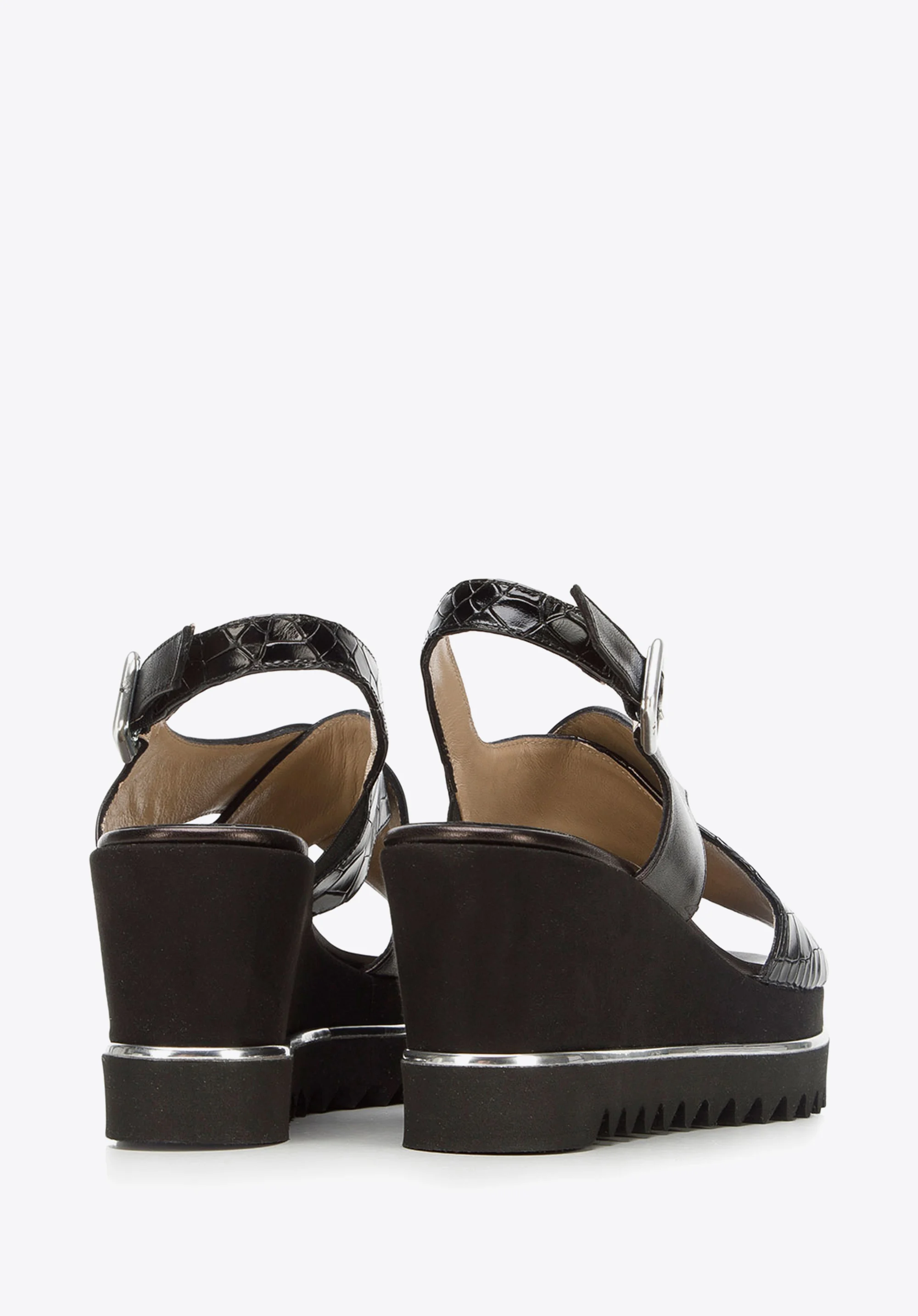 Damskie sandały na koturnie ze skóry w krokodyli wzór