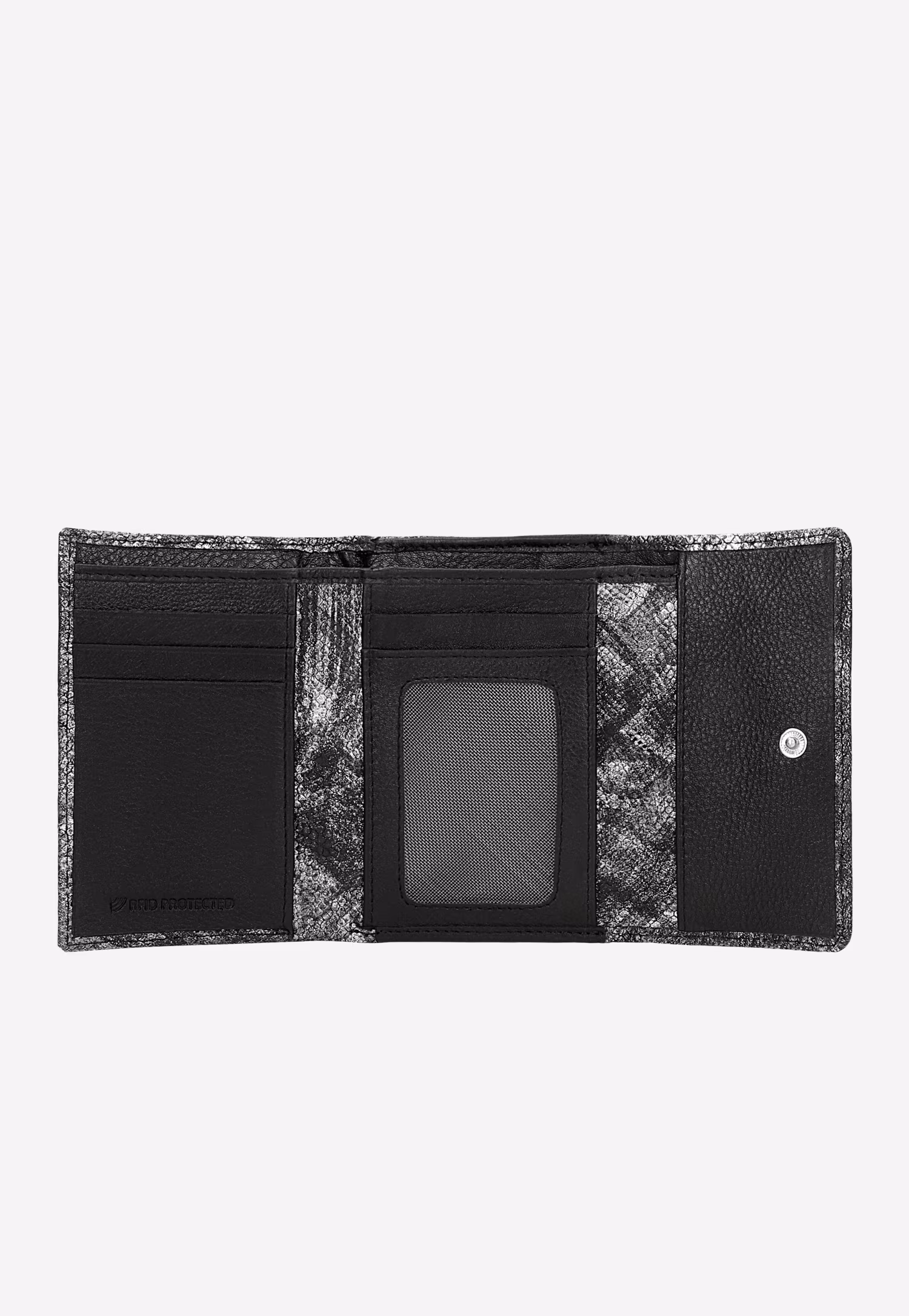 Mały srebrno-czarny portfel damski w zwierzęcy deseń