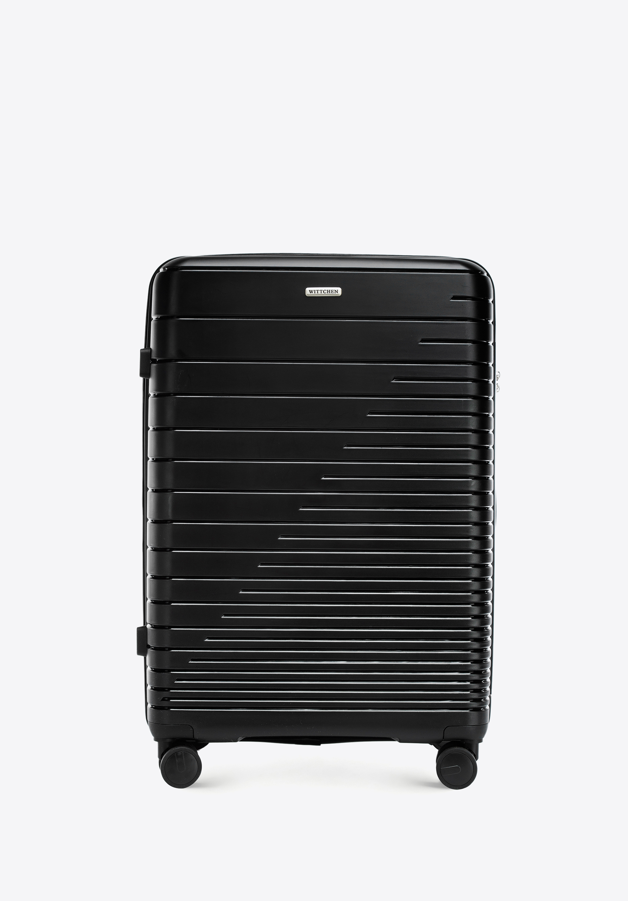 Duża walizka z polipropylenu z błyszczącymi paskami