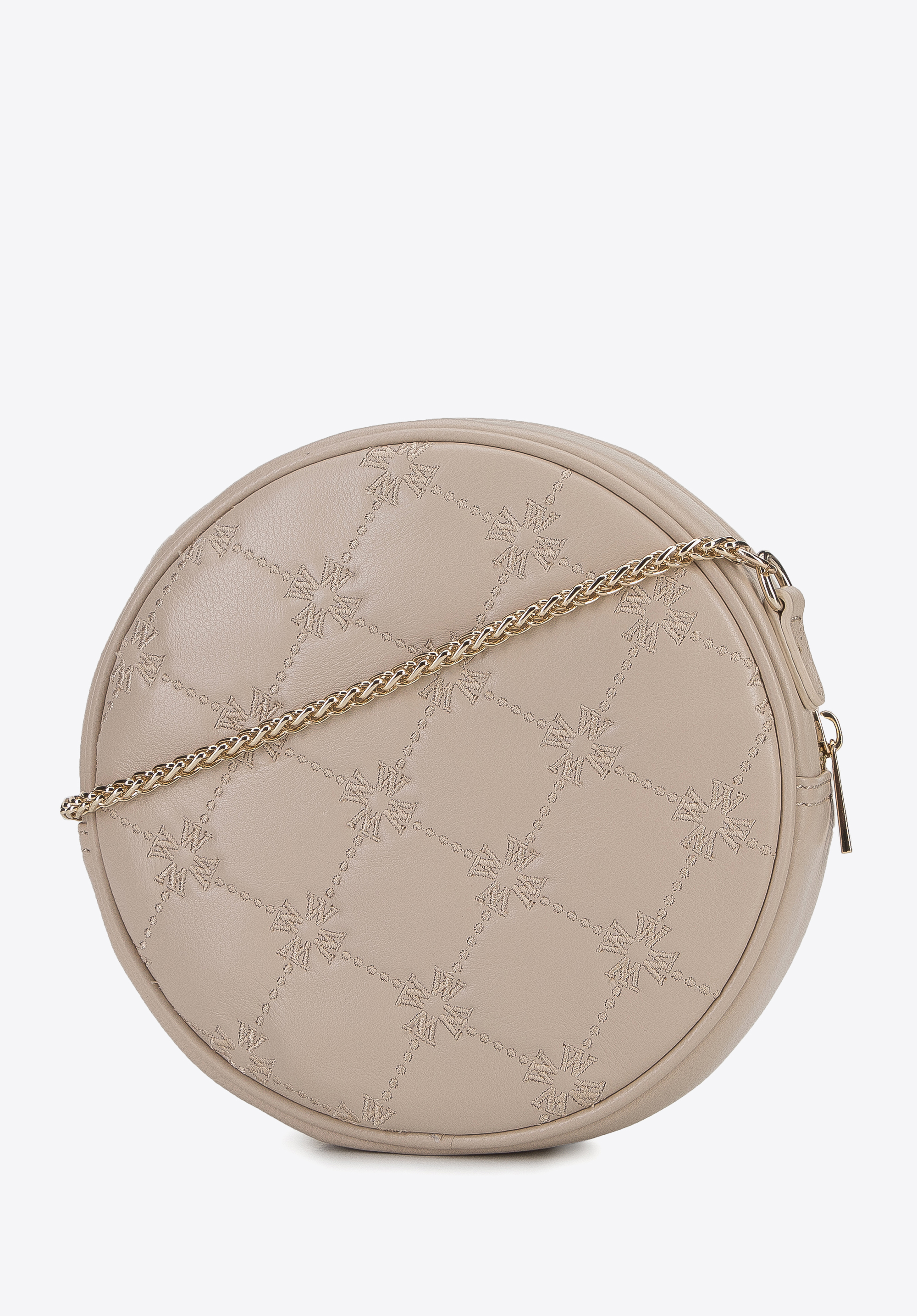 Damska torebka skórzana z haftowanym monogramem okrągła