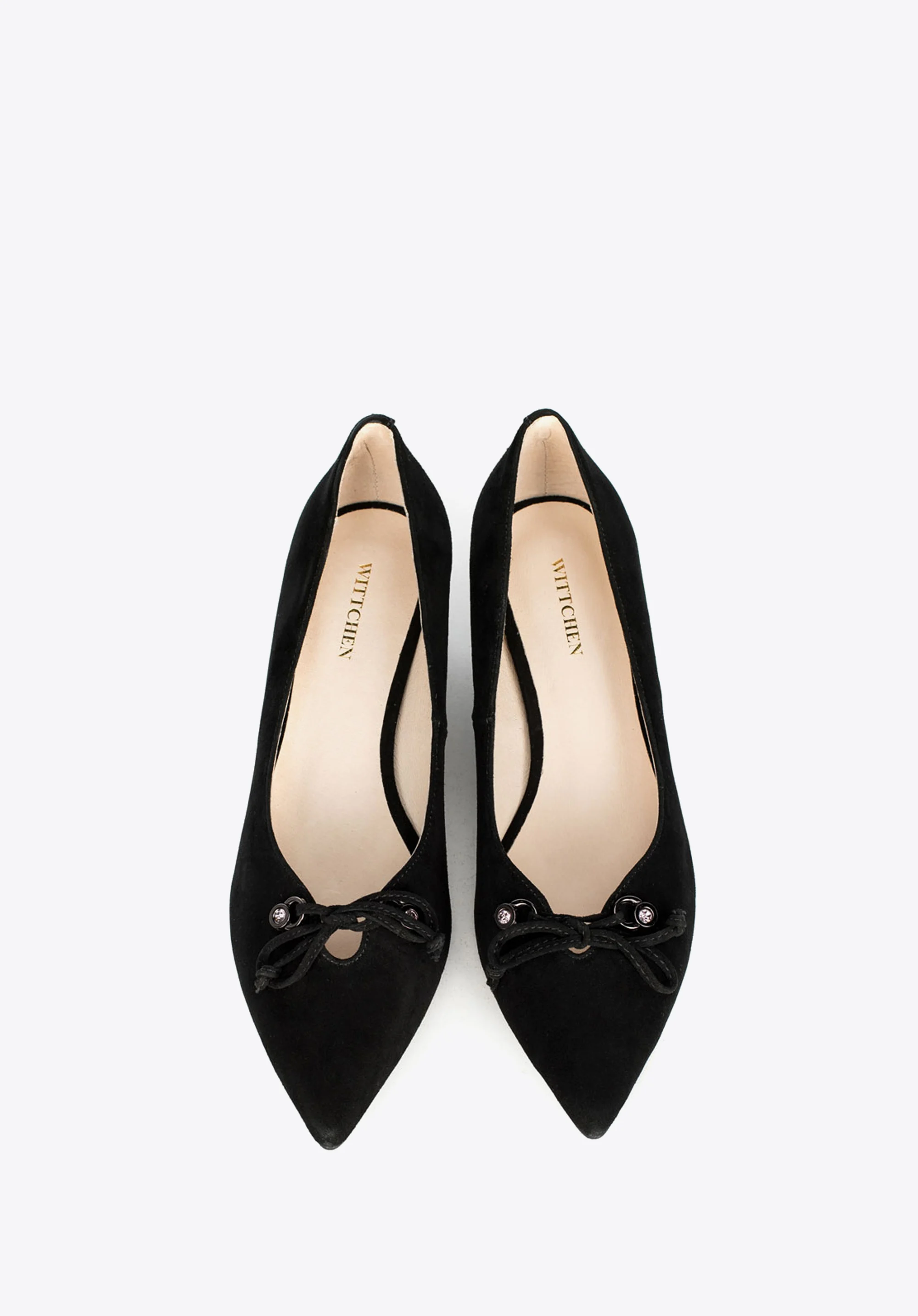 Czółenka na słupku zamszowe z  kokardką