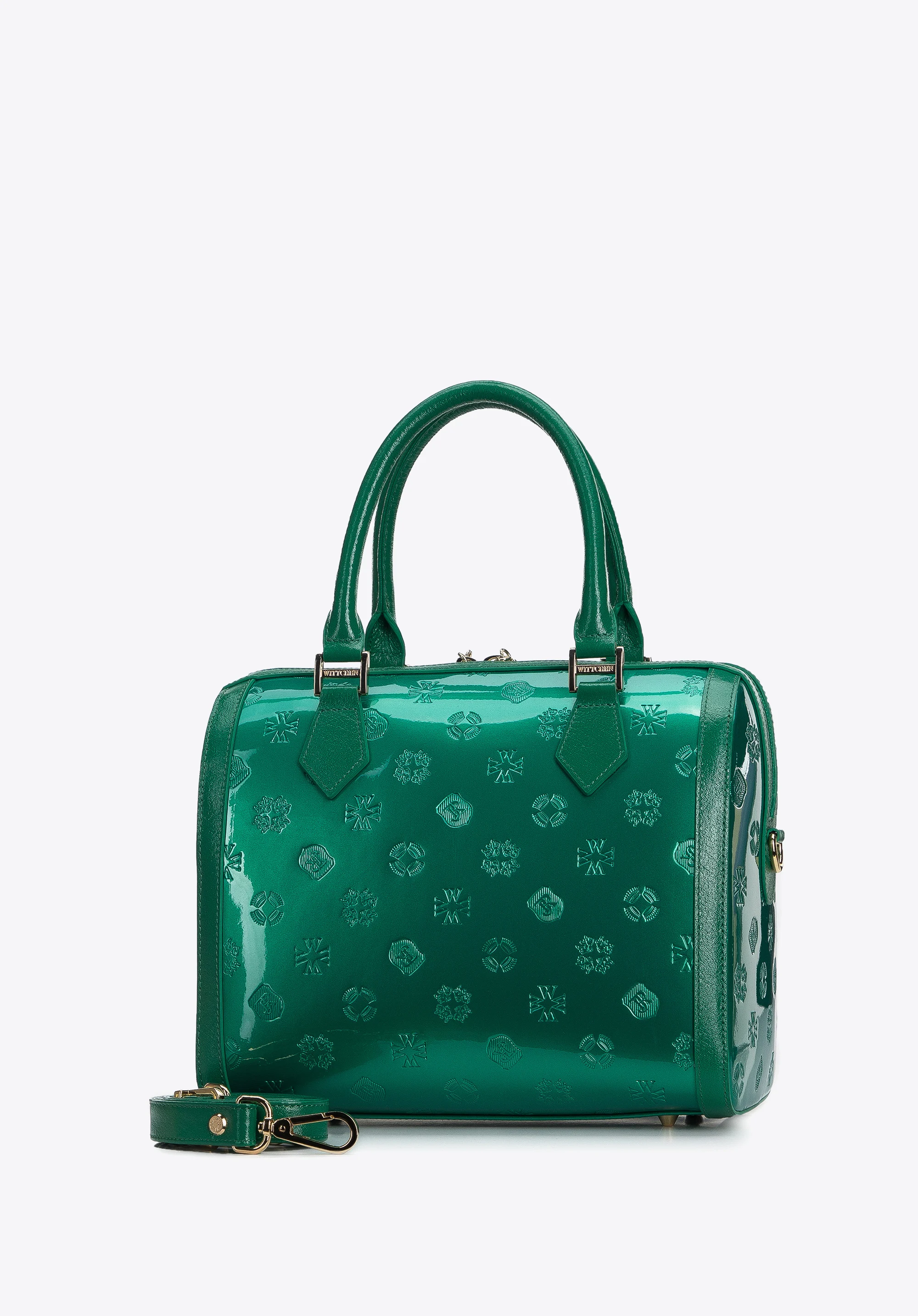 Torebka kuferek z metalicznej skóry lakierowanej