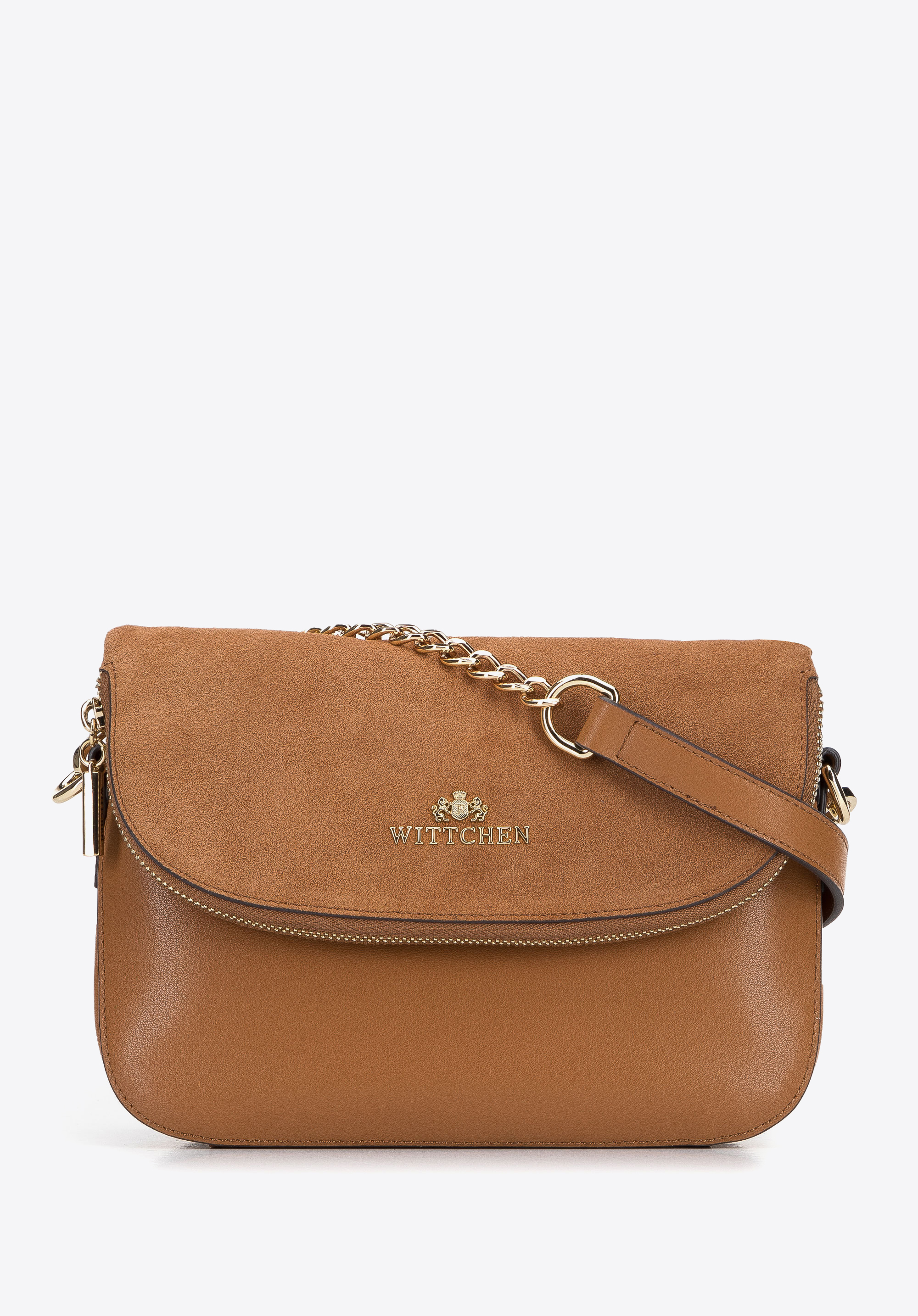 Damska torebka z dwóch rodzajów skór z kieszenią w klapie