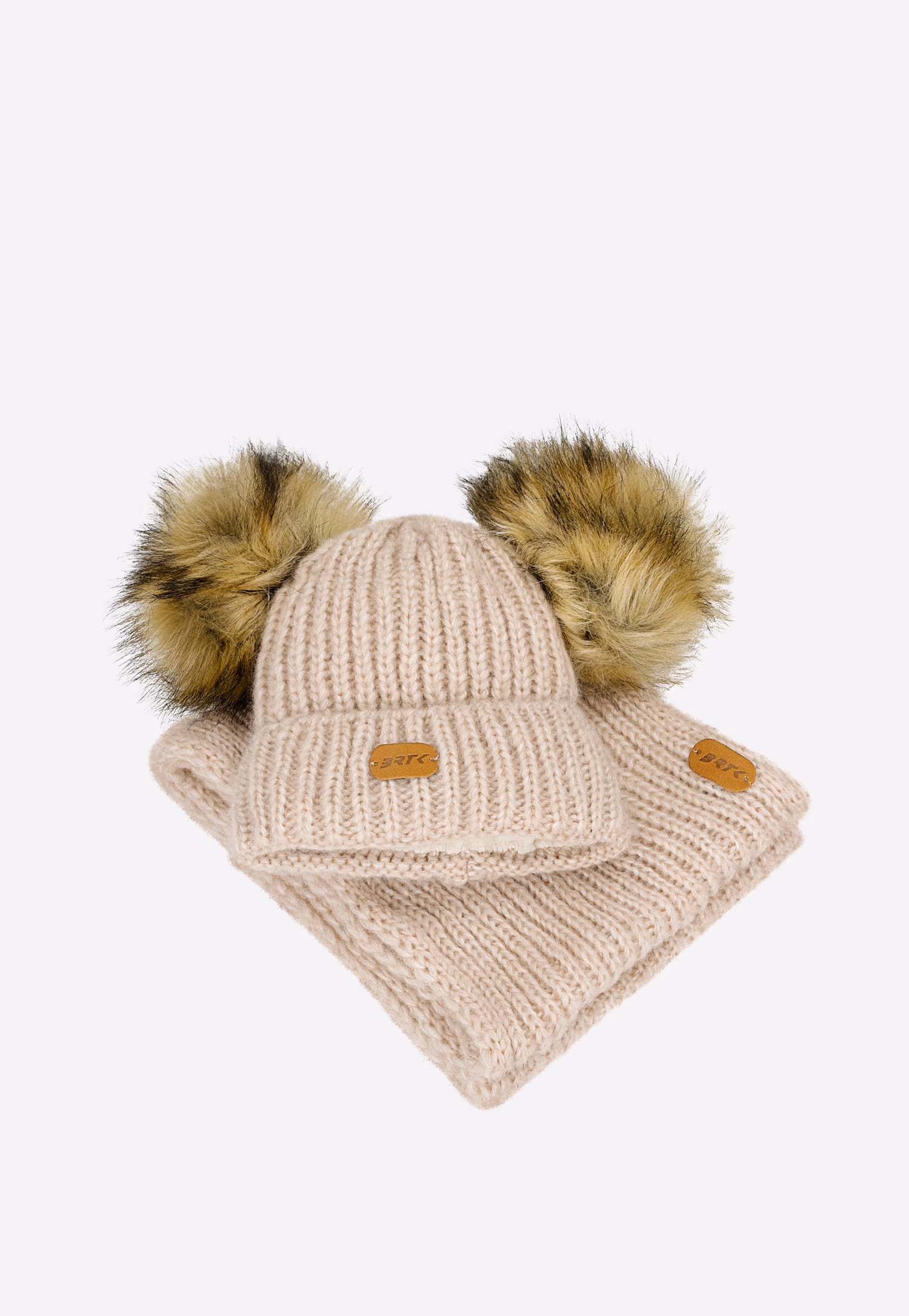 Fioletowy zestaw BARTEK 85603-86  z wełną merino - czapka z dwoma pomponami i komin