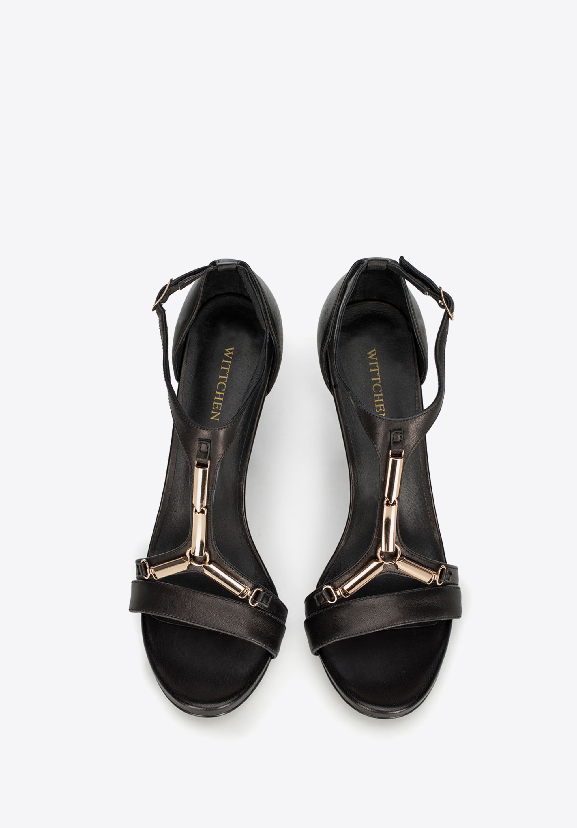 Damskie sandały skórzane na szpilce ze złotą ozdobą