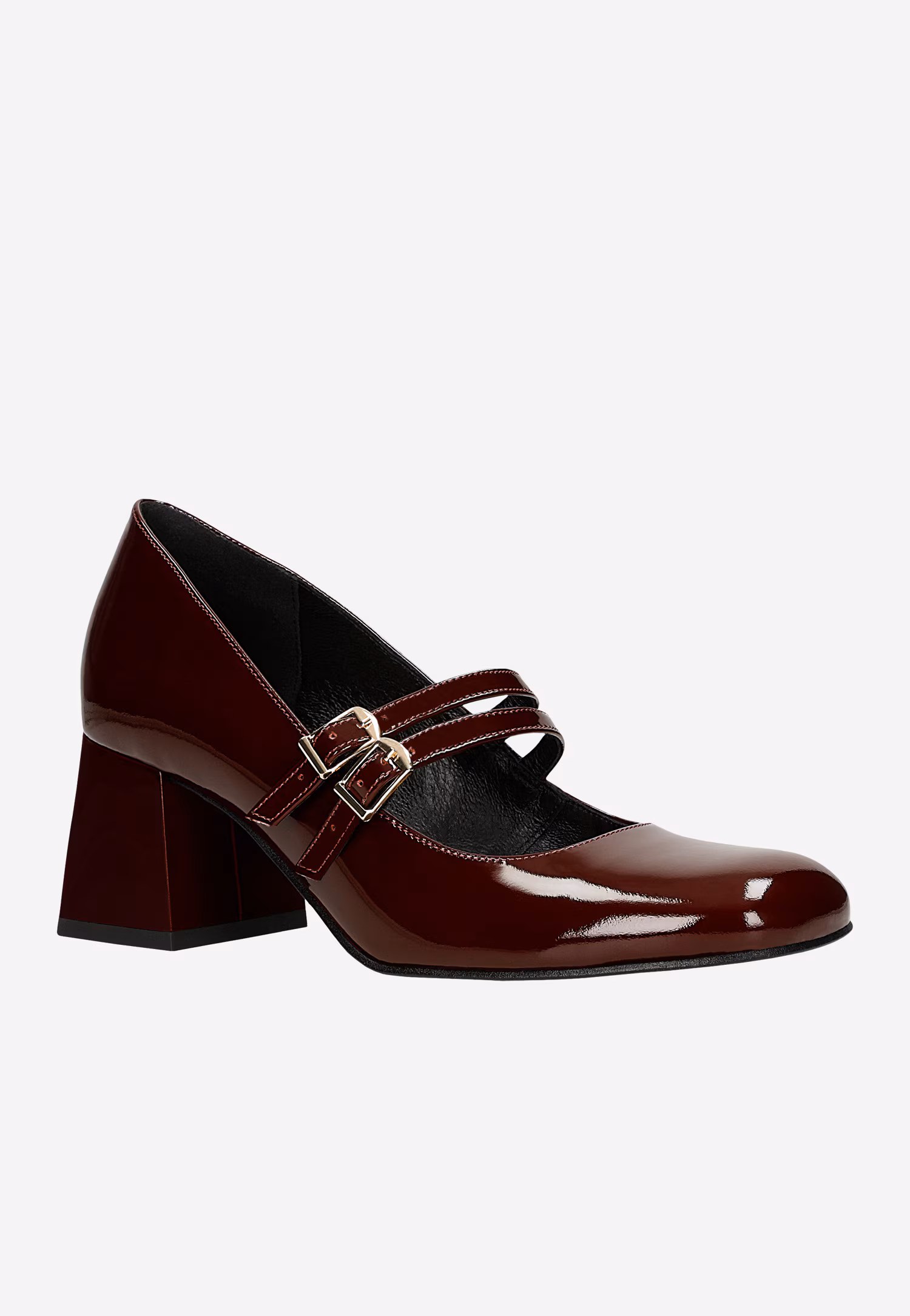 Bordowe lakierowane czółenka Mary Jane na szerokim słupku