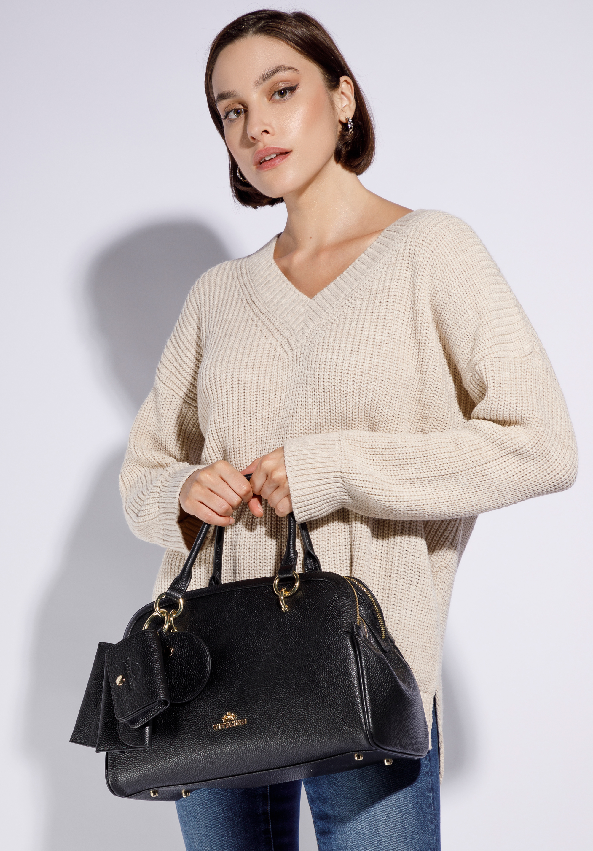 Torebka kuferek skórzana trzykomorowa z zestawem etui