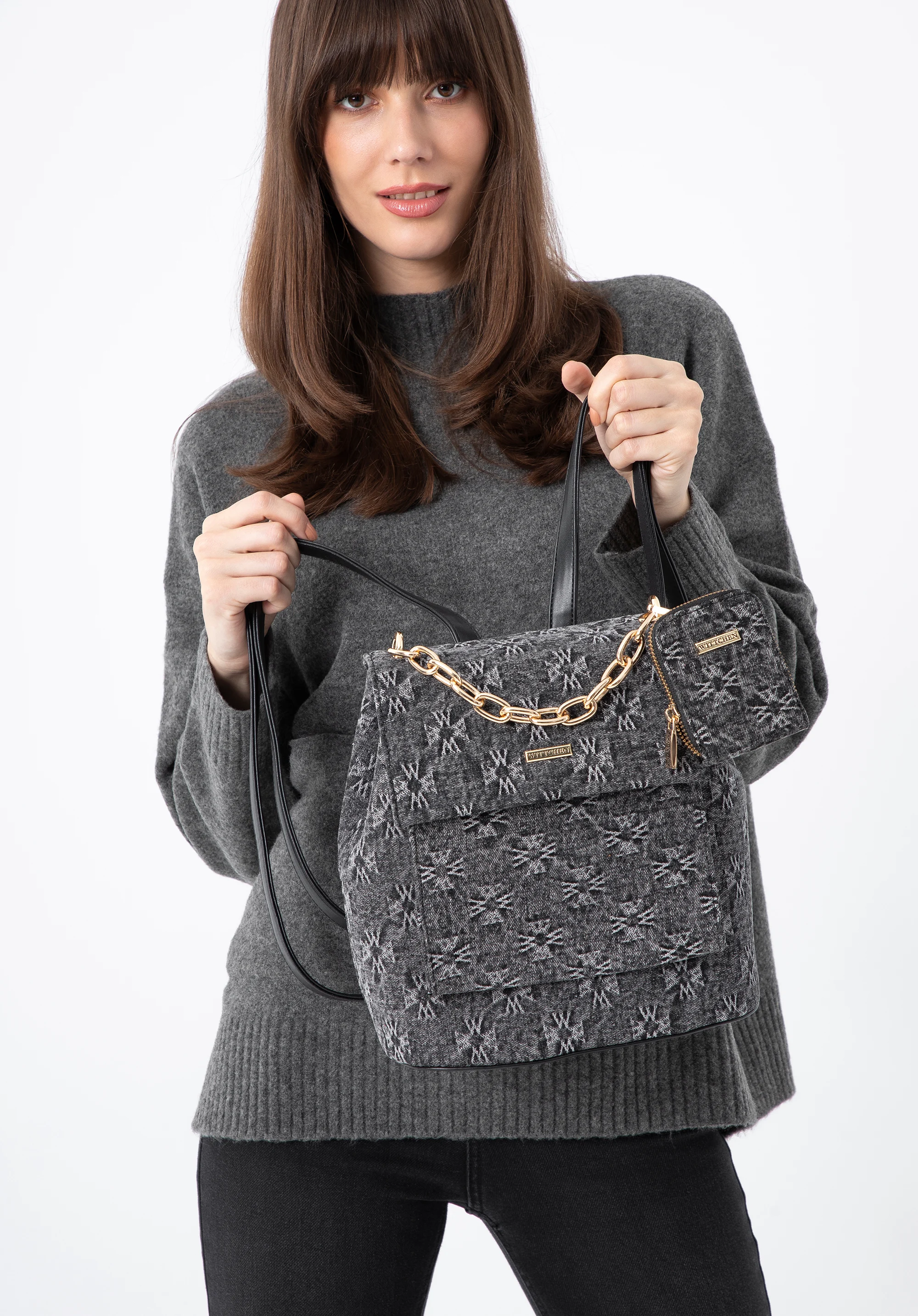 Damski plecak dżinsowy w monogram z etui