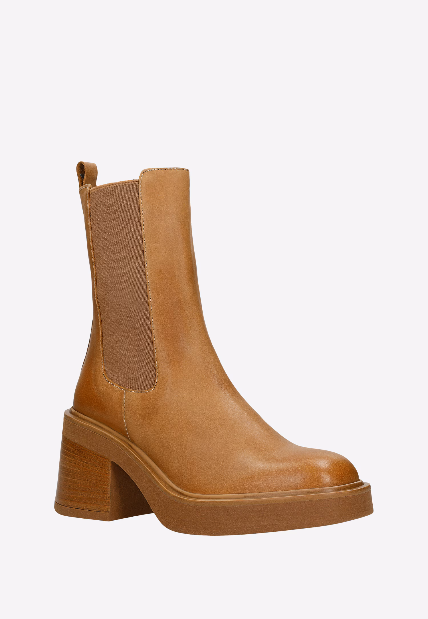 Jasnobrązowe sztyblety damskie na szerokim obcasie