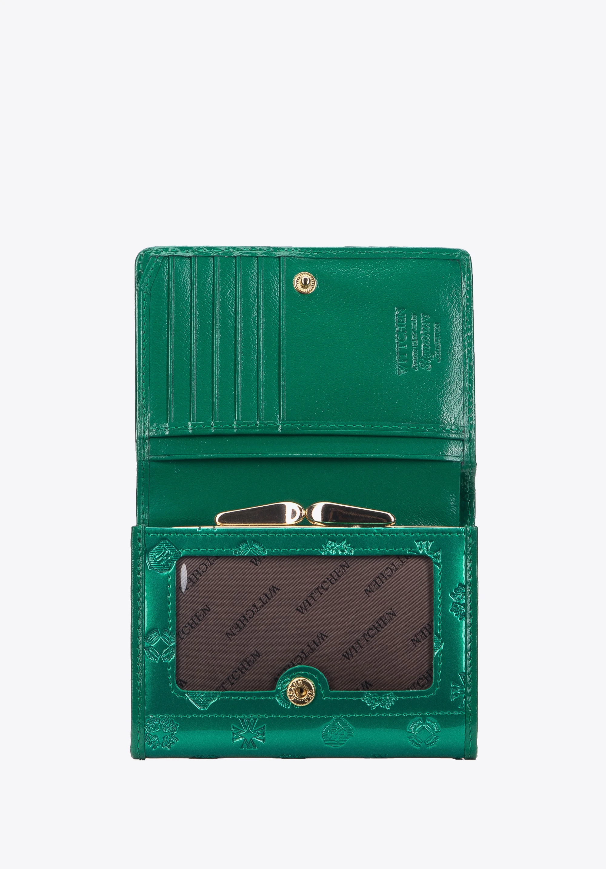 Damski portfel z lakierowanej skóry z monogramem mały