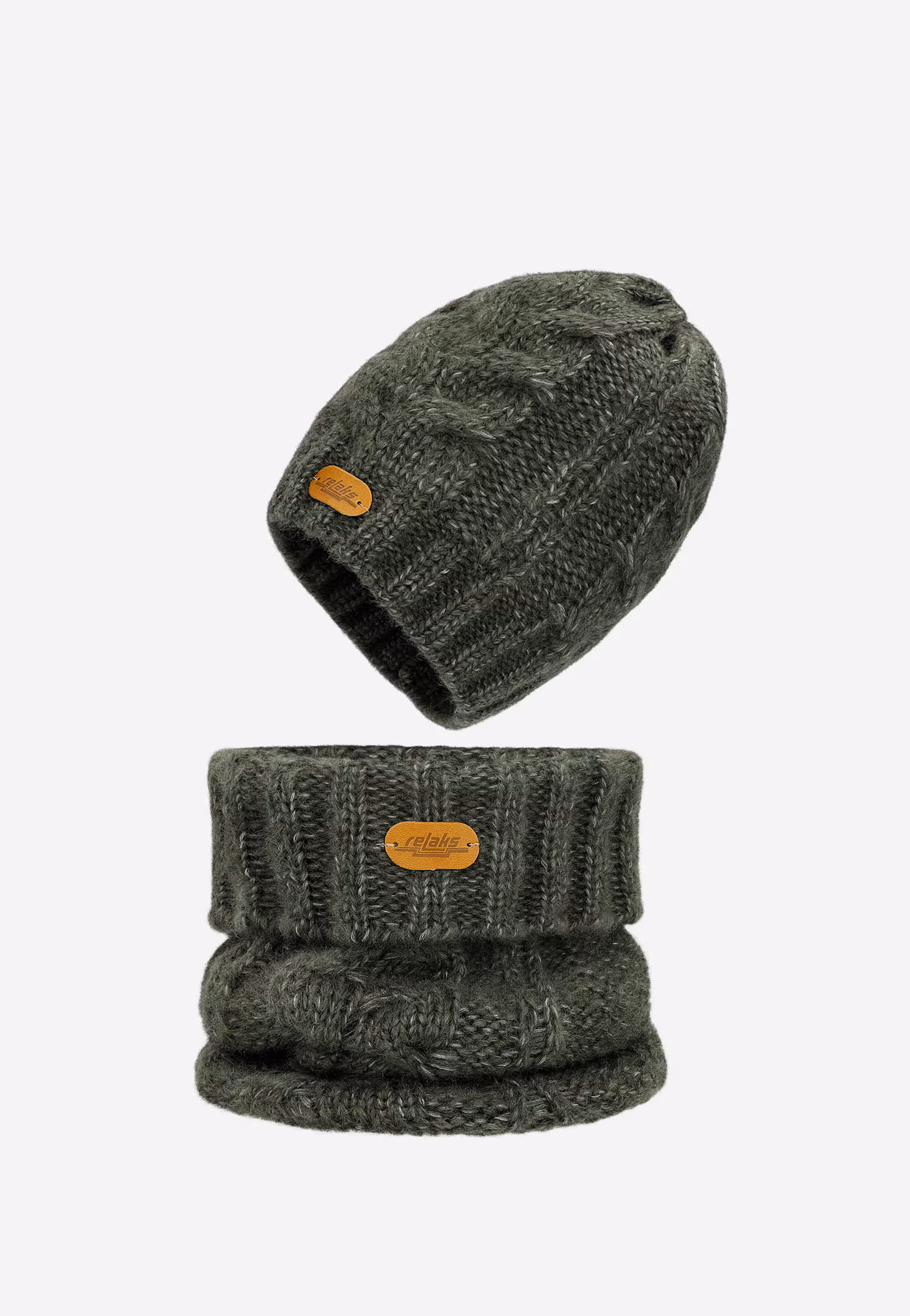 RELAKS jasnobrązowy zestaw z wełną merino - czapka + komin