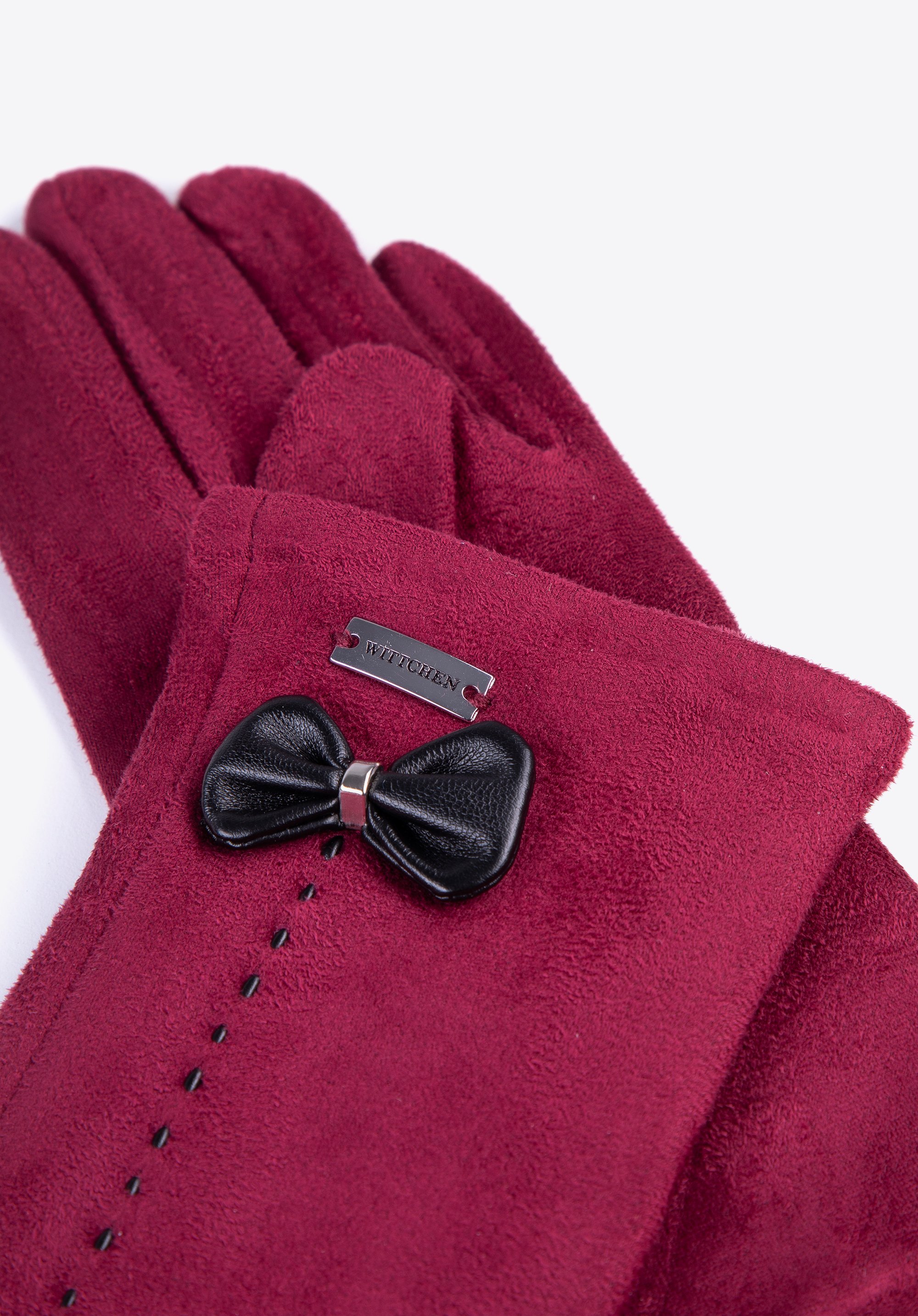 Damskie rękawiczki z ozdobnym obszyciem i kokardą