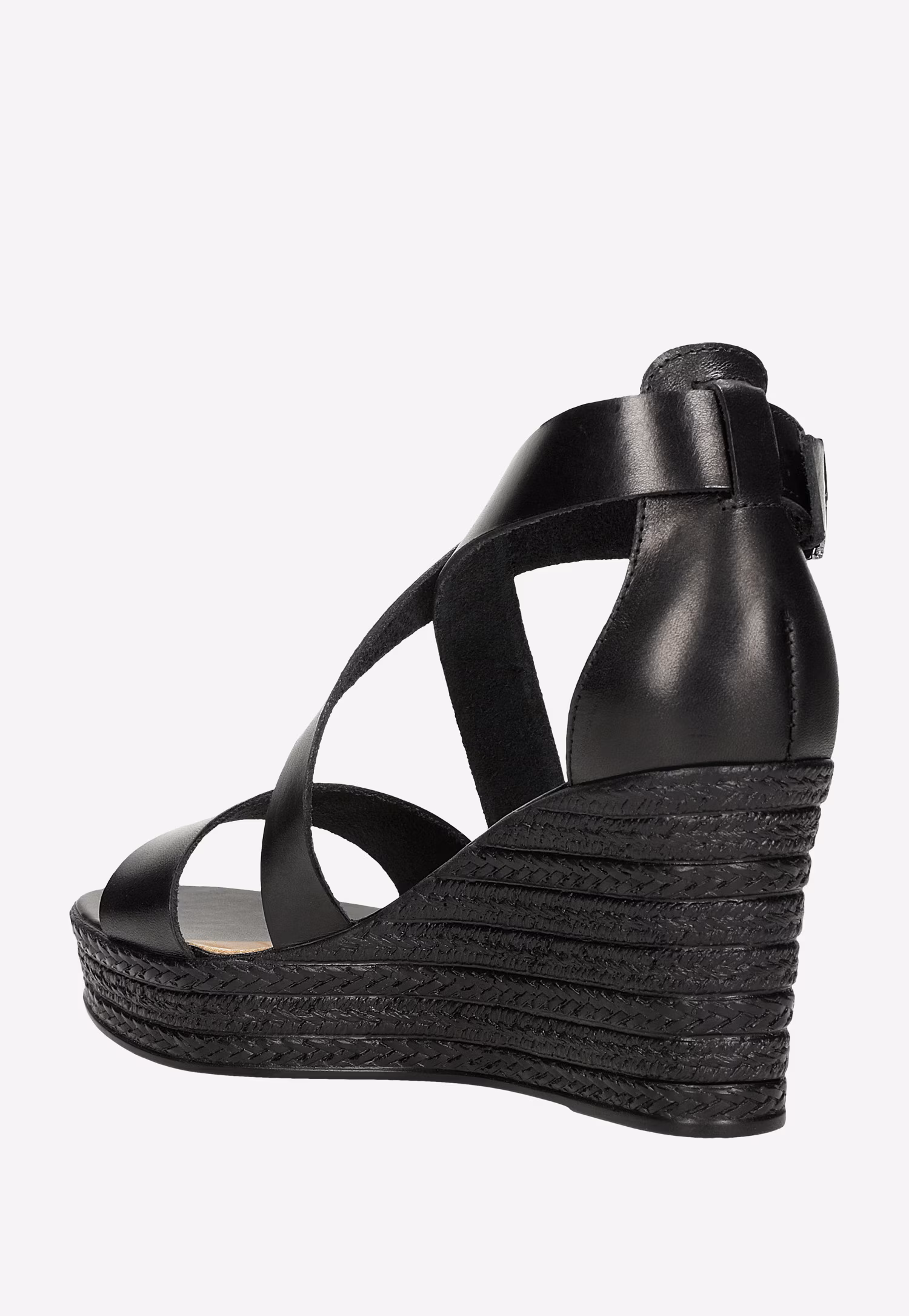 Czarne skórzane sandały damskie na koturnie