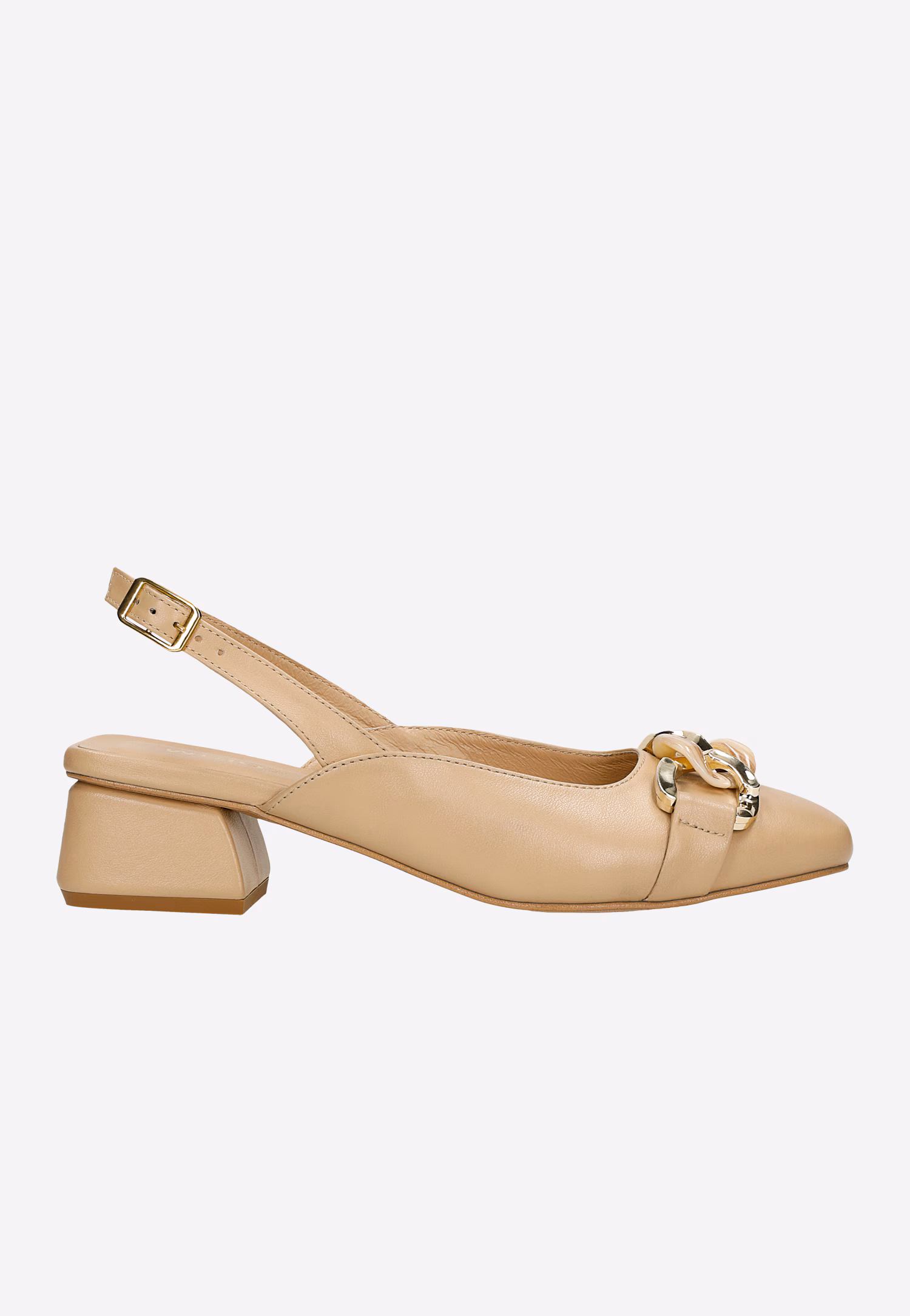 Beżowe czółenka damskie z otwartą piętą i ozdobnym łańcuchem