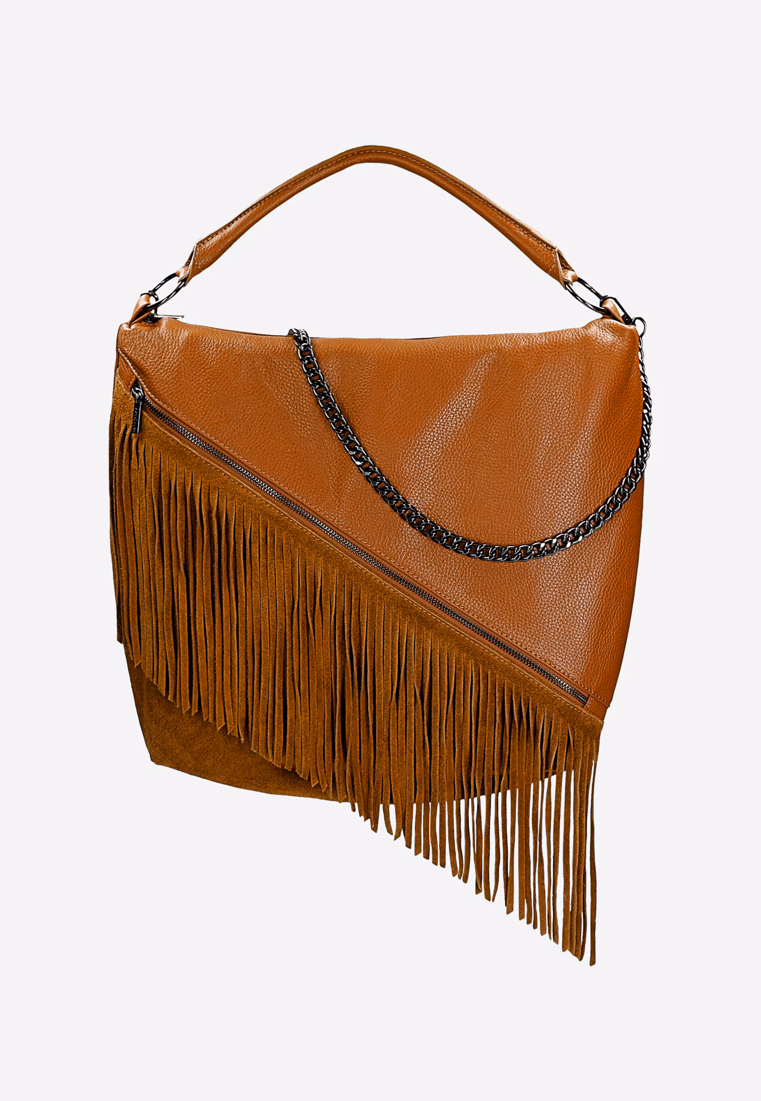 Jasnobrązowa skórzana torebka damska z frędzlami i łańcuchem