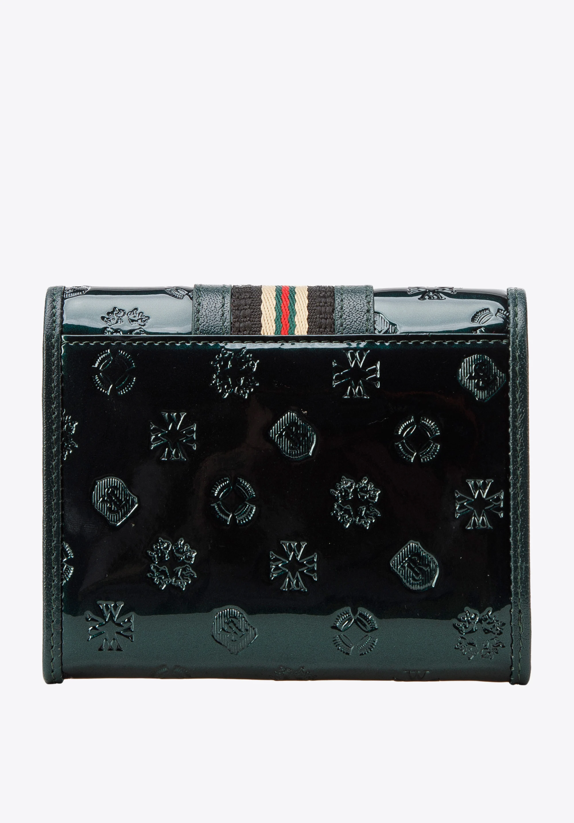 Damski portfel z lakierowanej skóry z monogramem i tasiemką mały