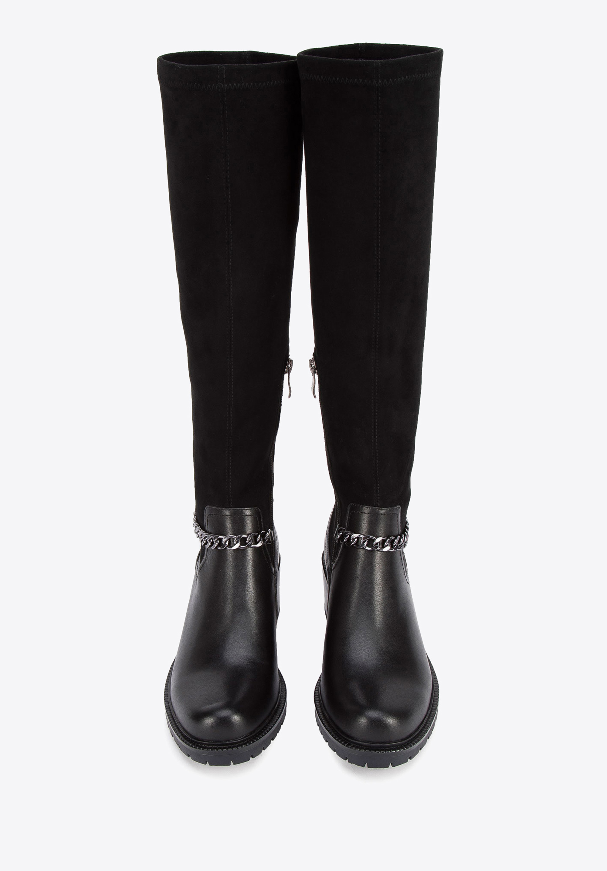 Damskie kozaki ze skóry z elastyczną cholewką i łańcuchem