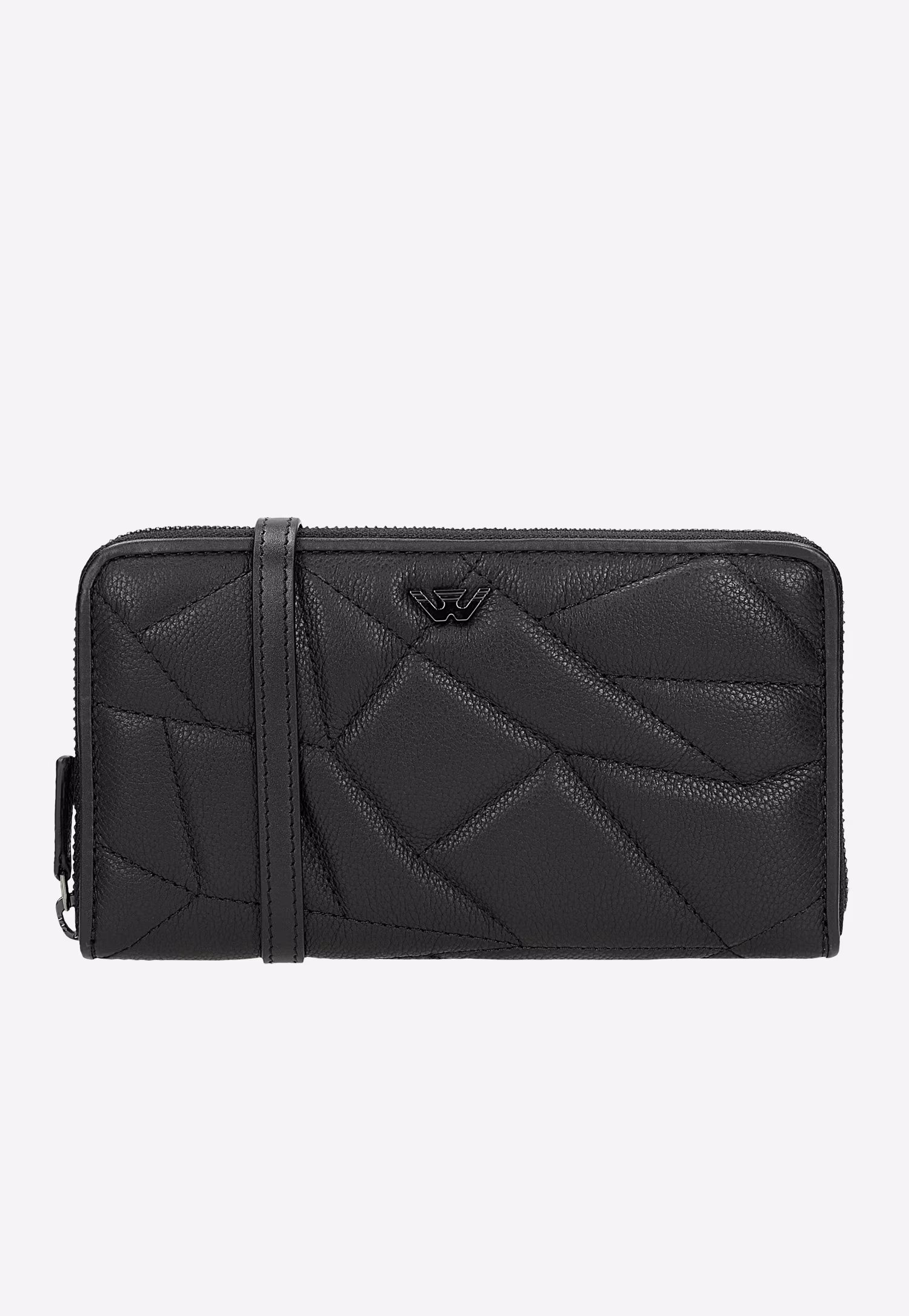 Czarny skórzany portfel z geometrycznym pikowaniem z paskiem