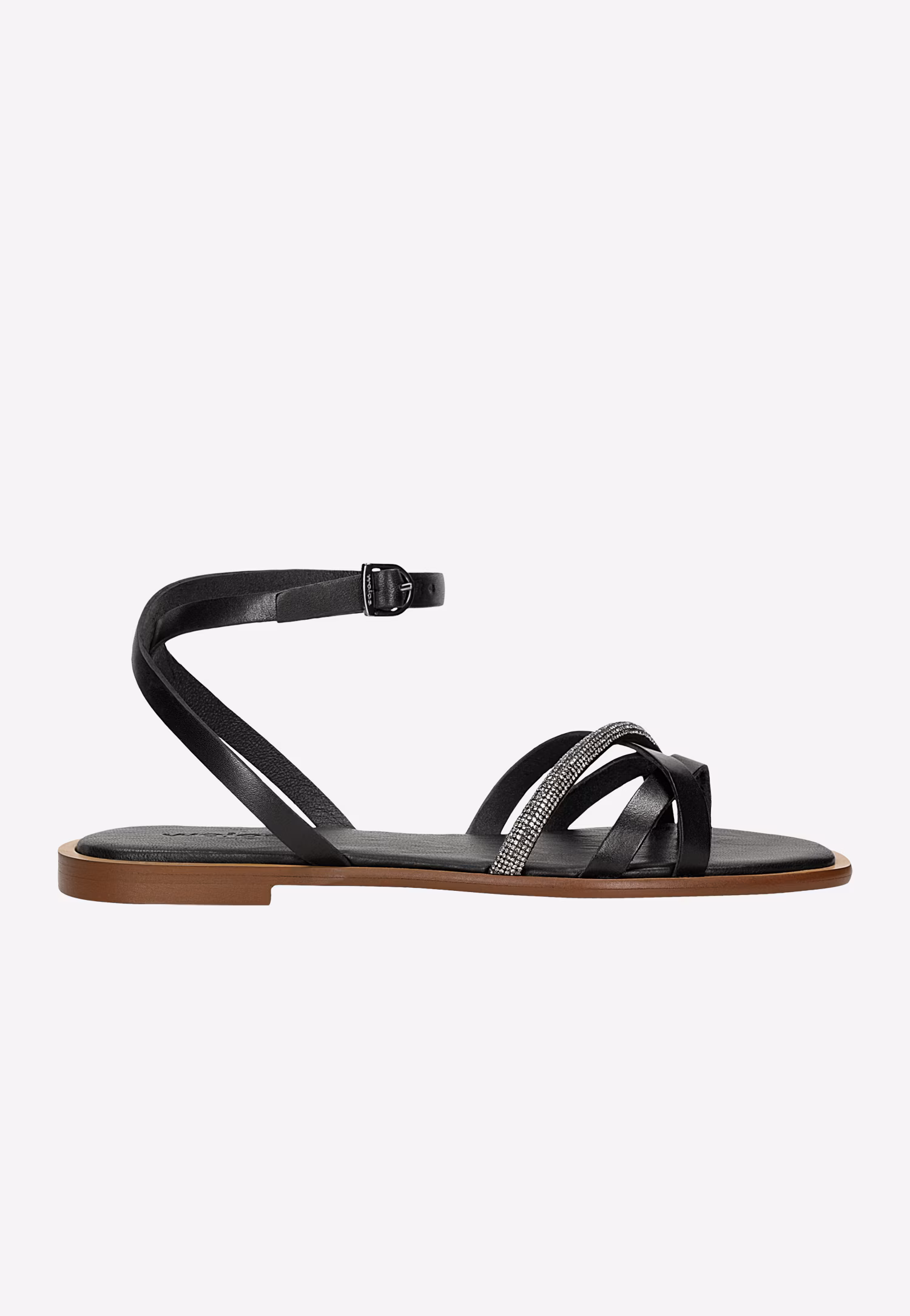 Czarne płaskie sandały damskie z paskiem z kryształkami