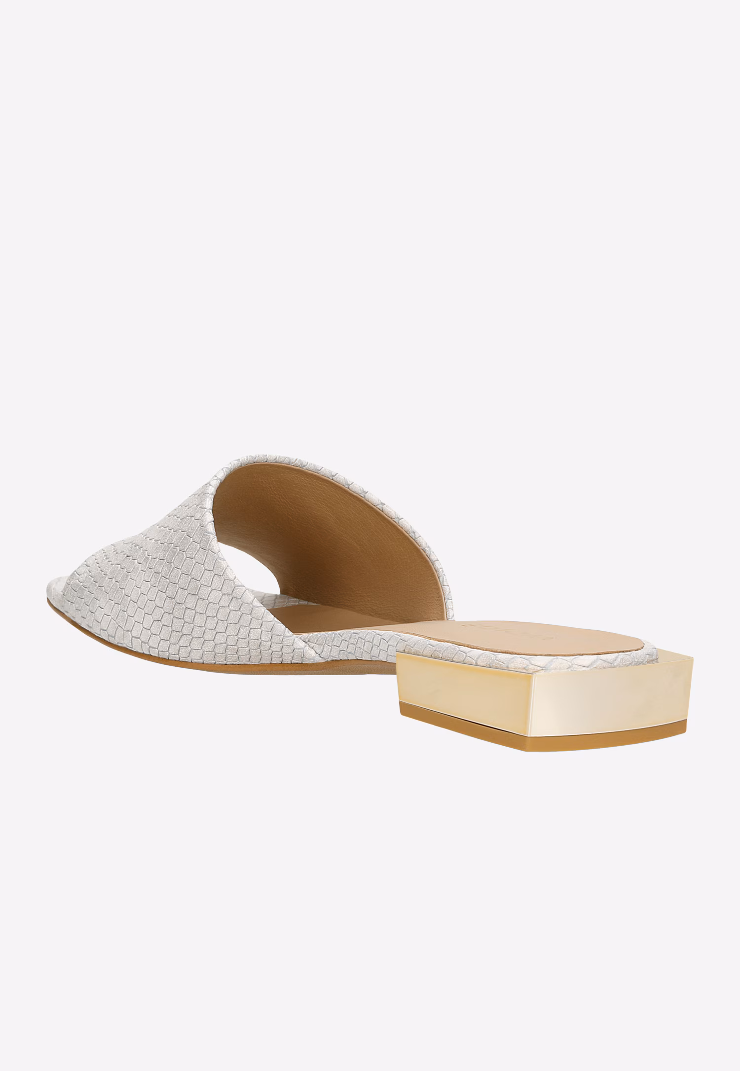 Beżowe klapki z tłoczona skórą i złotym obcasem