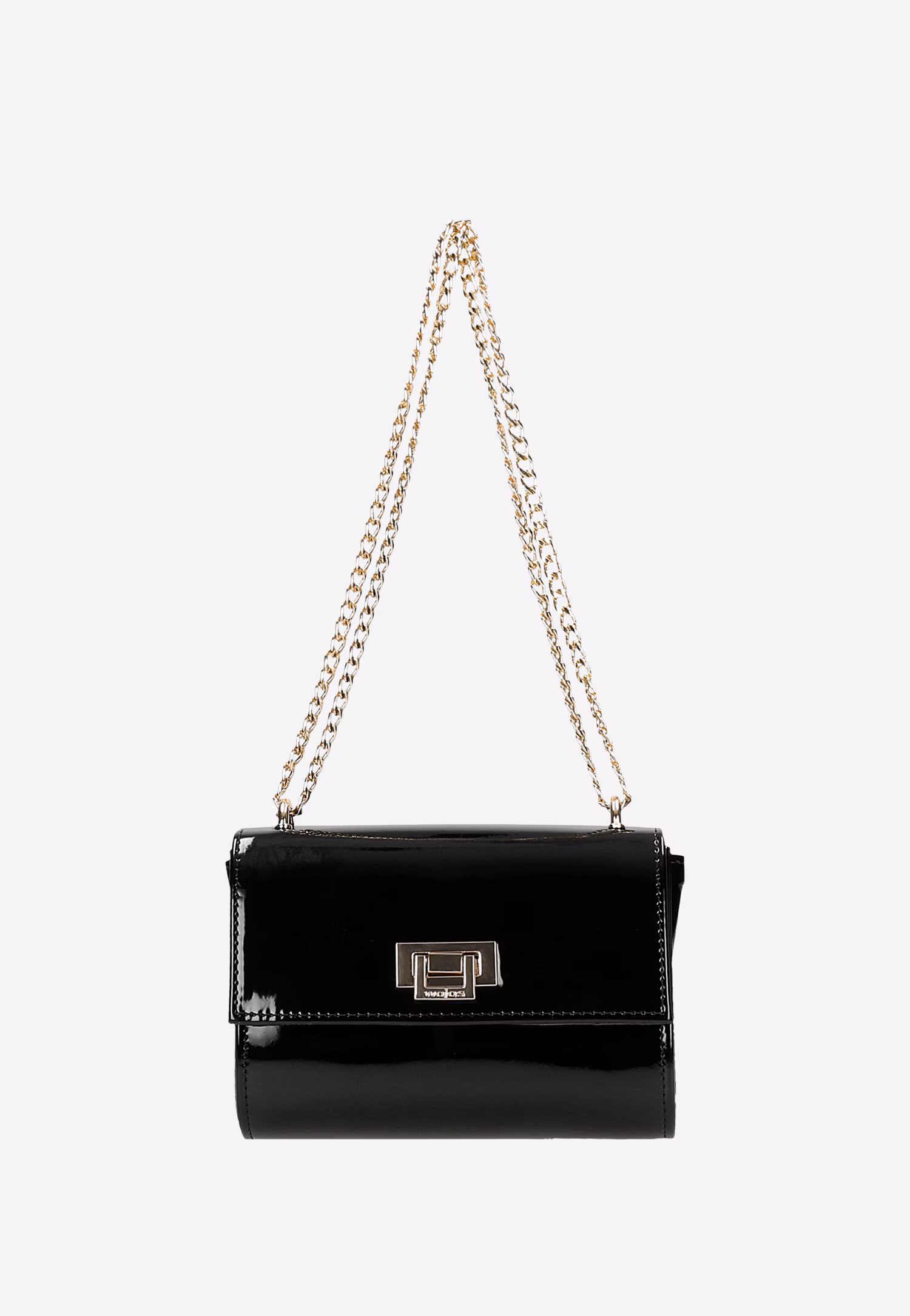 Czarna lakierowana torebka ze złotym łańcuchem