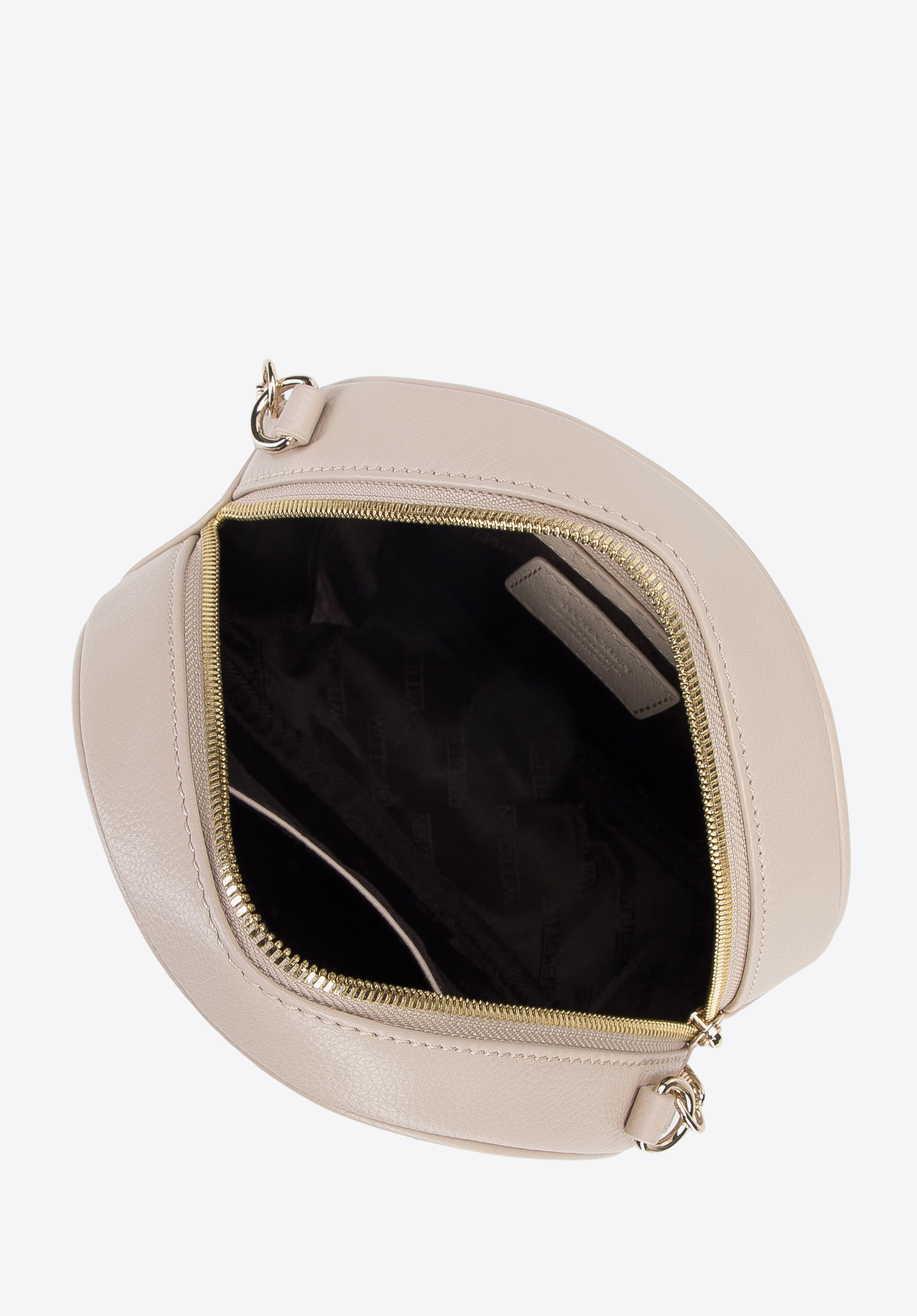 Damska torebka skórzana z haftowanym monogramem okrągła