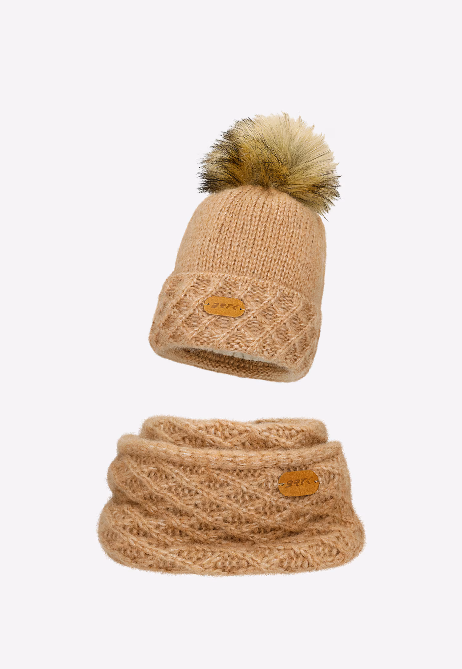 Jasnobeżowy komplet BARTEK 8560284 czapka + komin z wełną merino