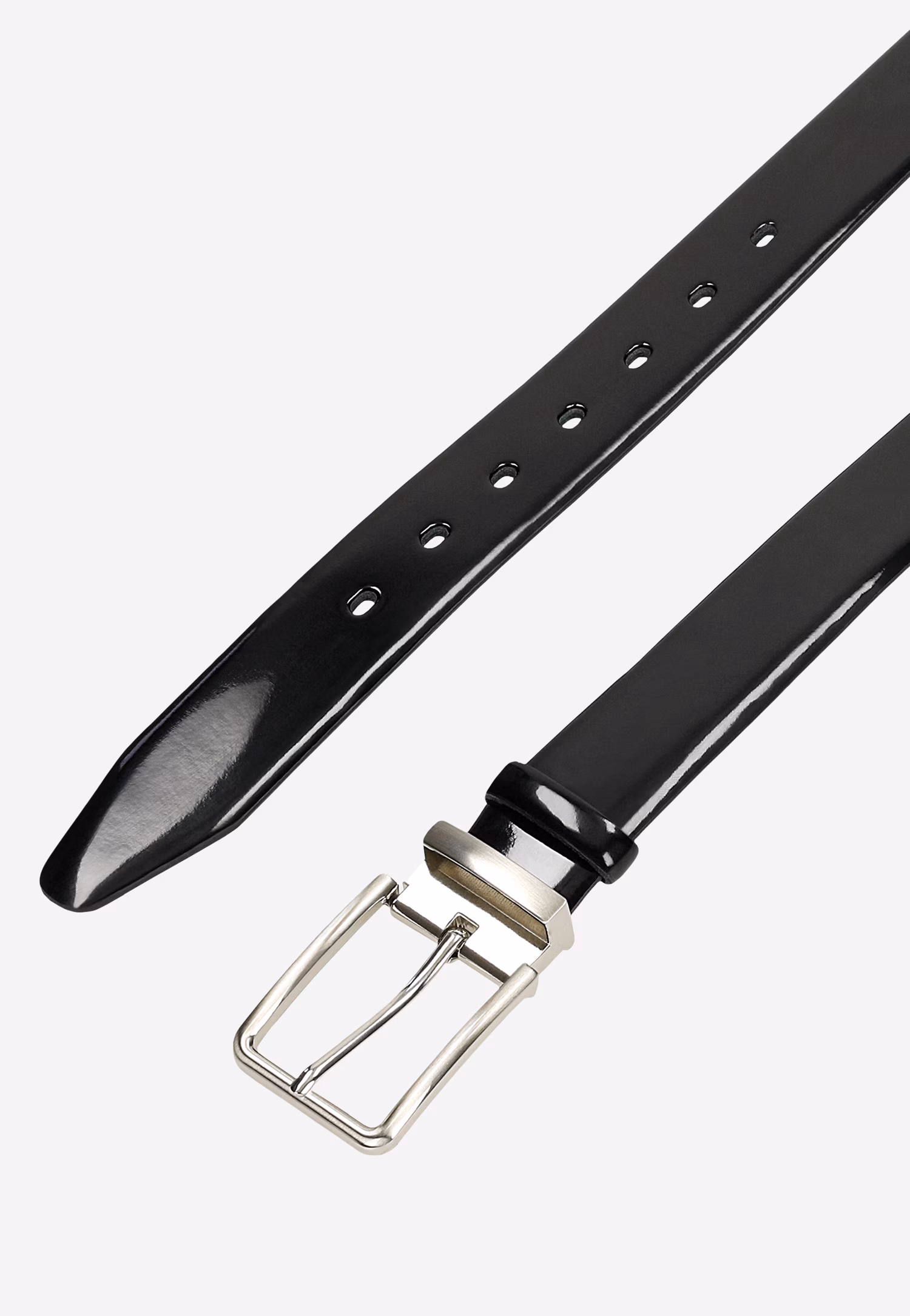 Czarny lakierowany pasek męski ze srebrną klamrą