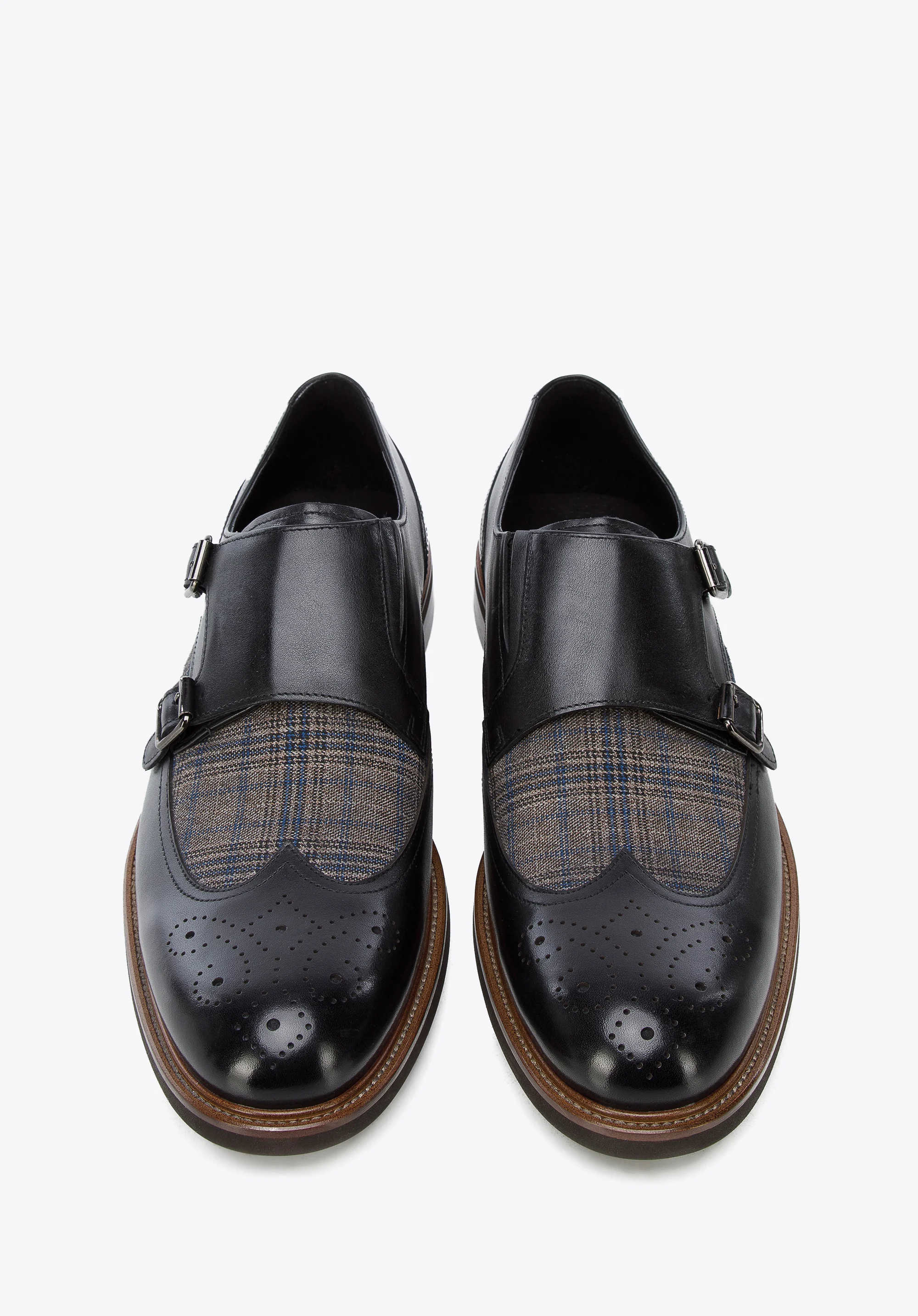 Męskie double monki skórzane ze wstawką w kratkę