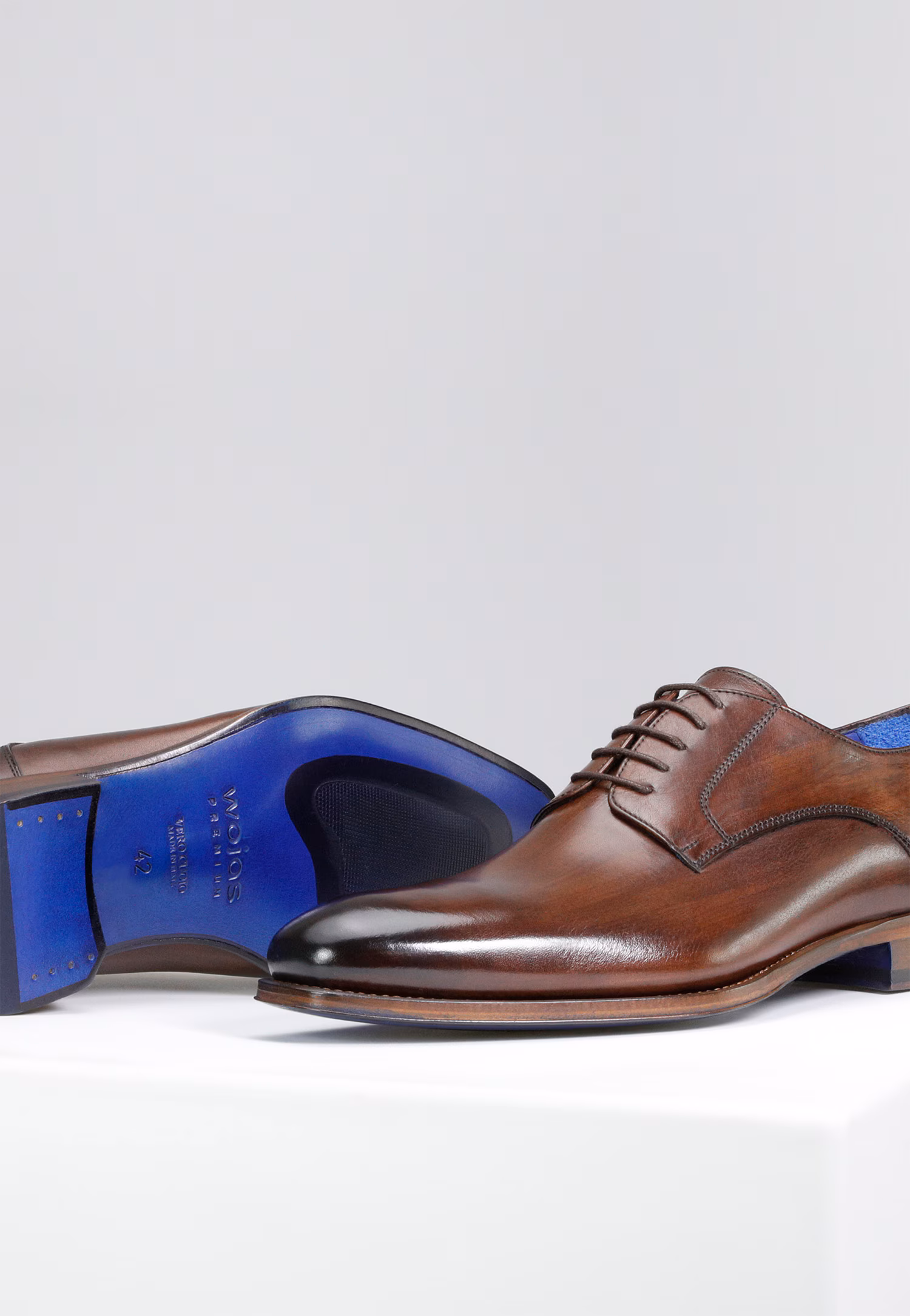 PREMIUM brązowe wizytowe półbuty męskie z niebieskim wnętrzem