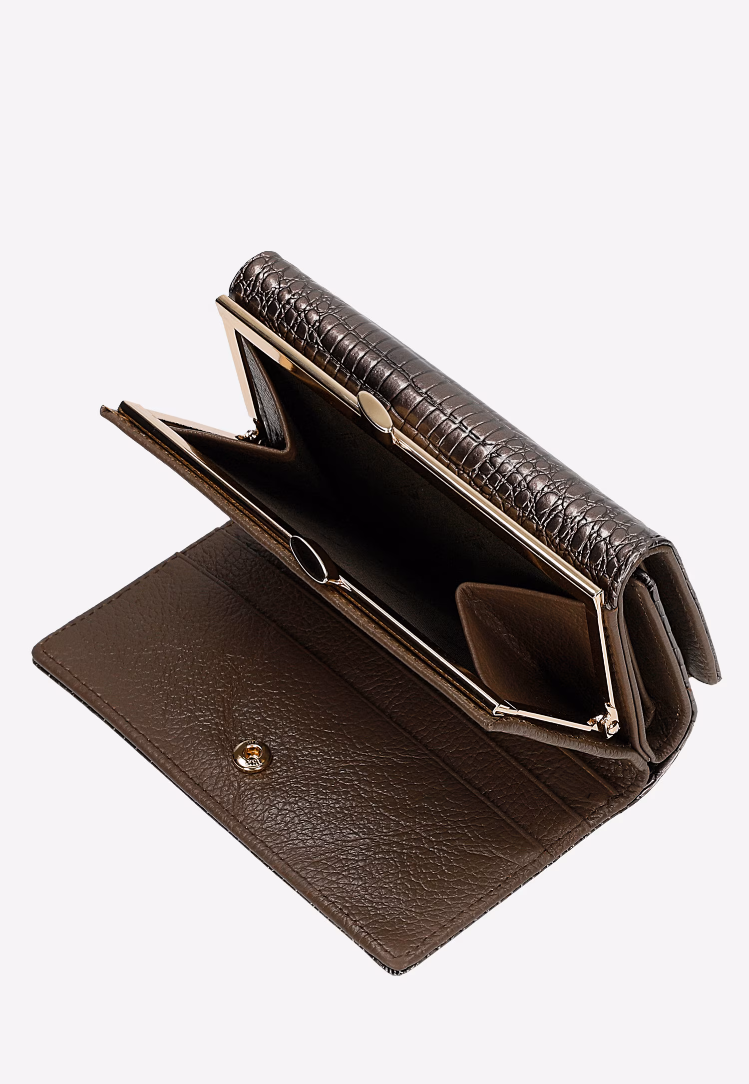 Beżowy lakierowany portfel damski zapinany na zatrzask