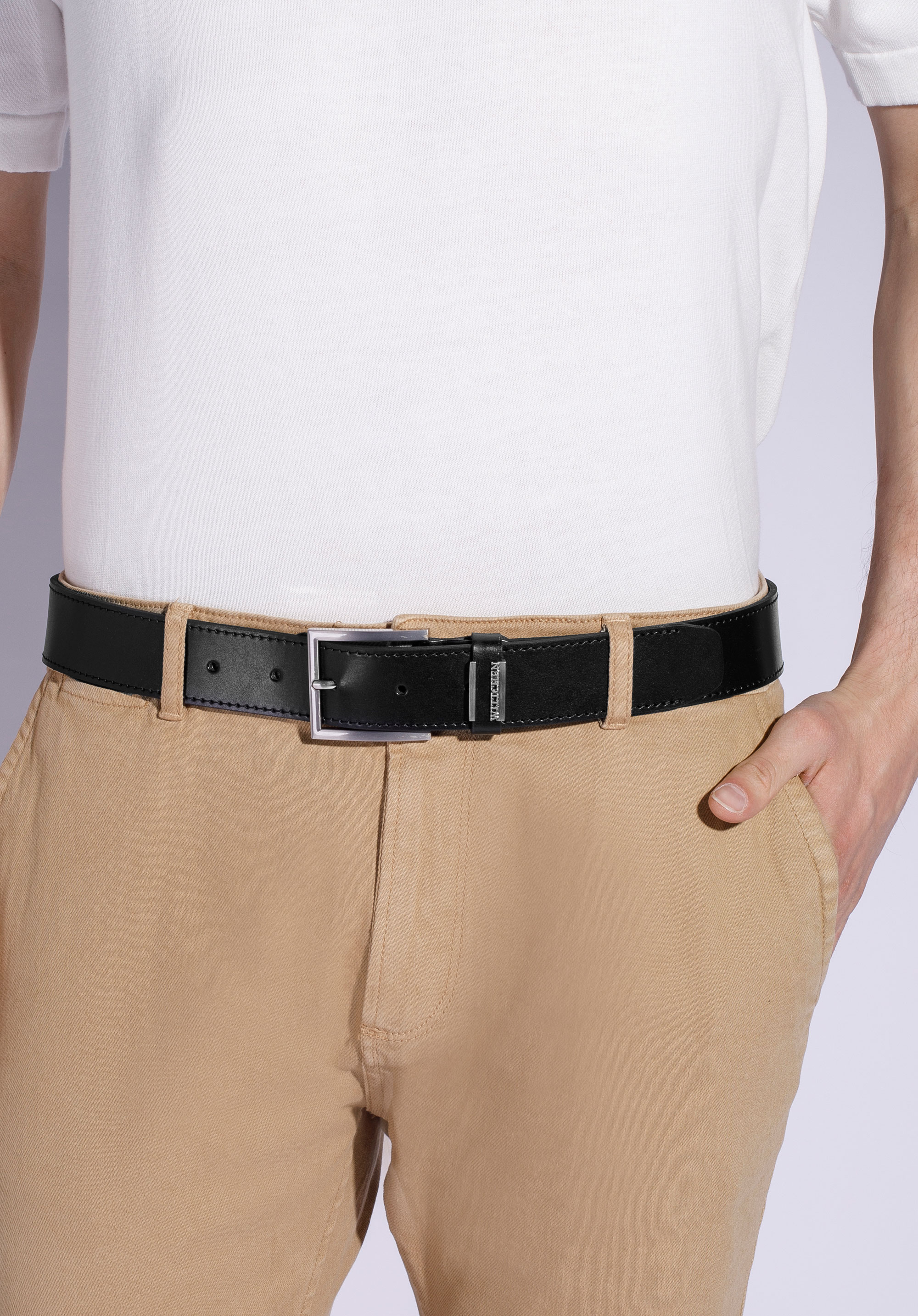 Męski pasek ze skóry z prostokątną klamrą