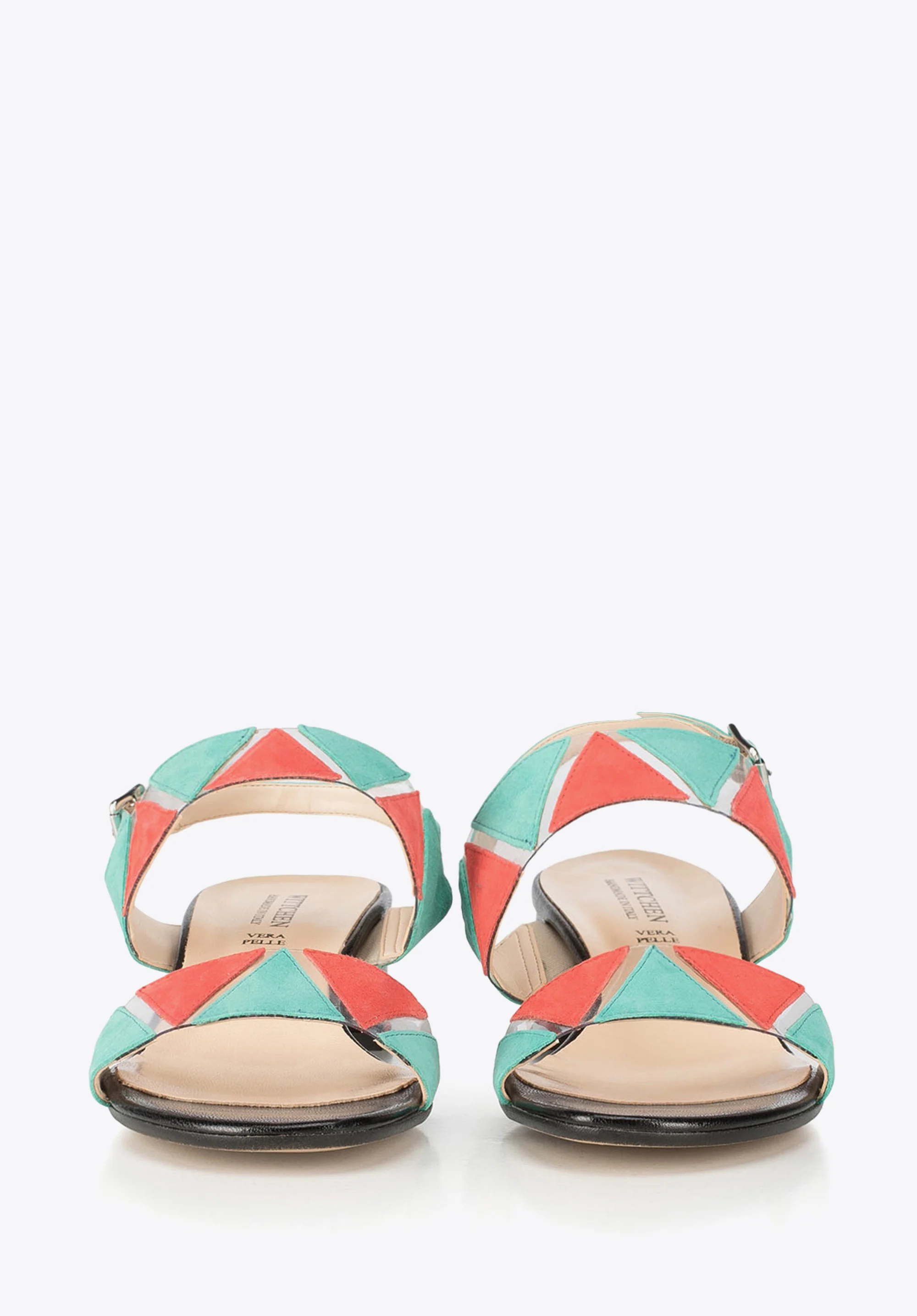 Sandały skórzane na niskim słupku z kolorowymi wstawkami