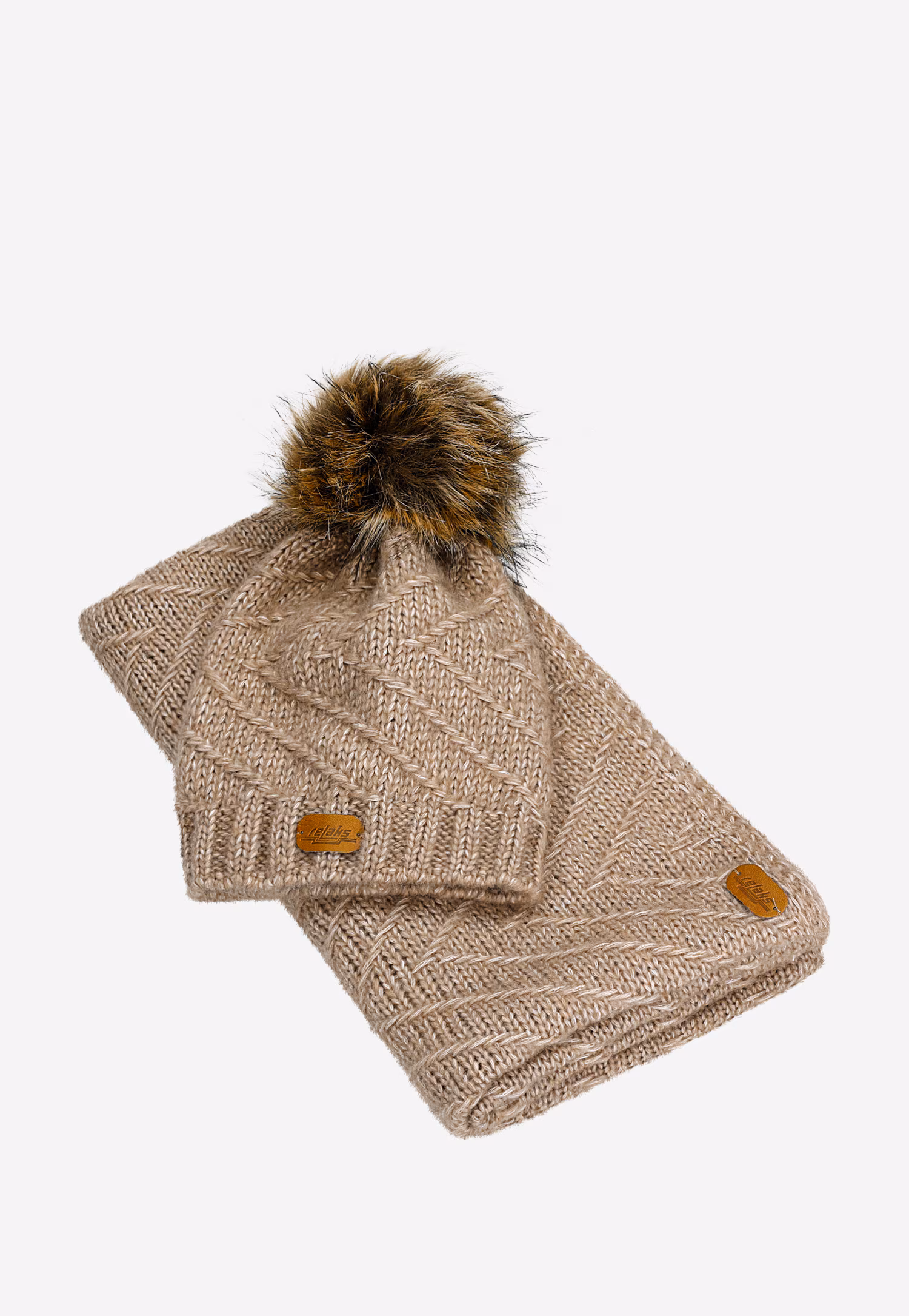 RELAKS beżowy komplet z wełny merino czapka z pomponem + komin