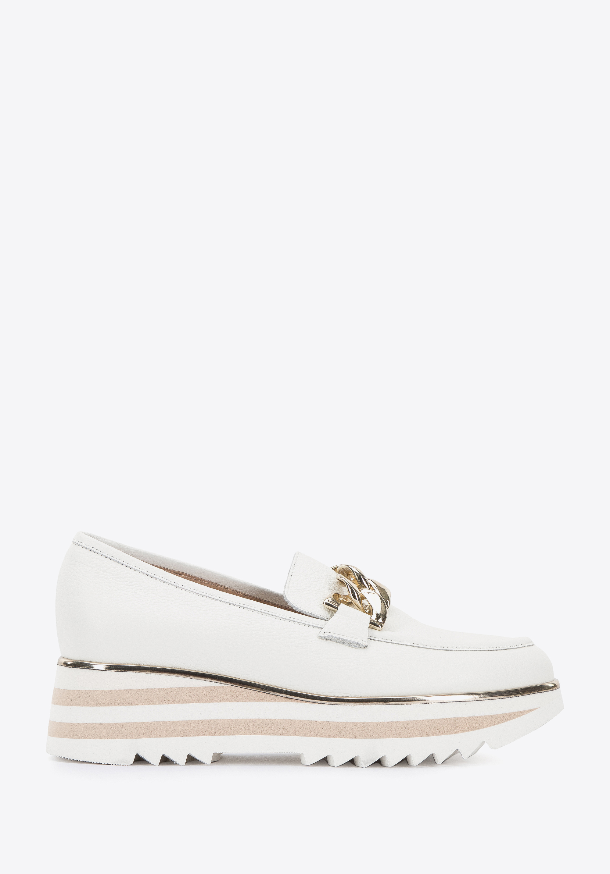 Damskie mokasyny skórzane z łańcuchem na platformie w pasy