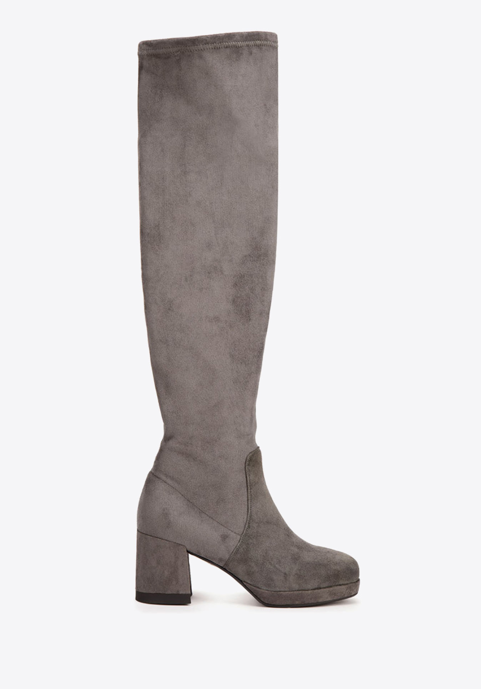 Kozaki zamszowe na słupku z elastyczną cholewką