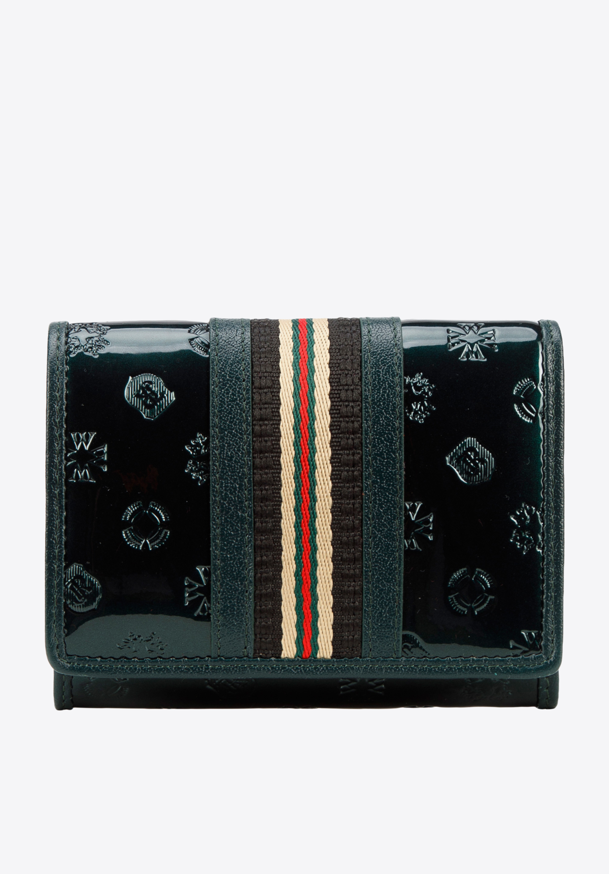 Damski portfel z lakierowanej skóry z monogramem i tasiemką mały