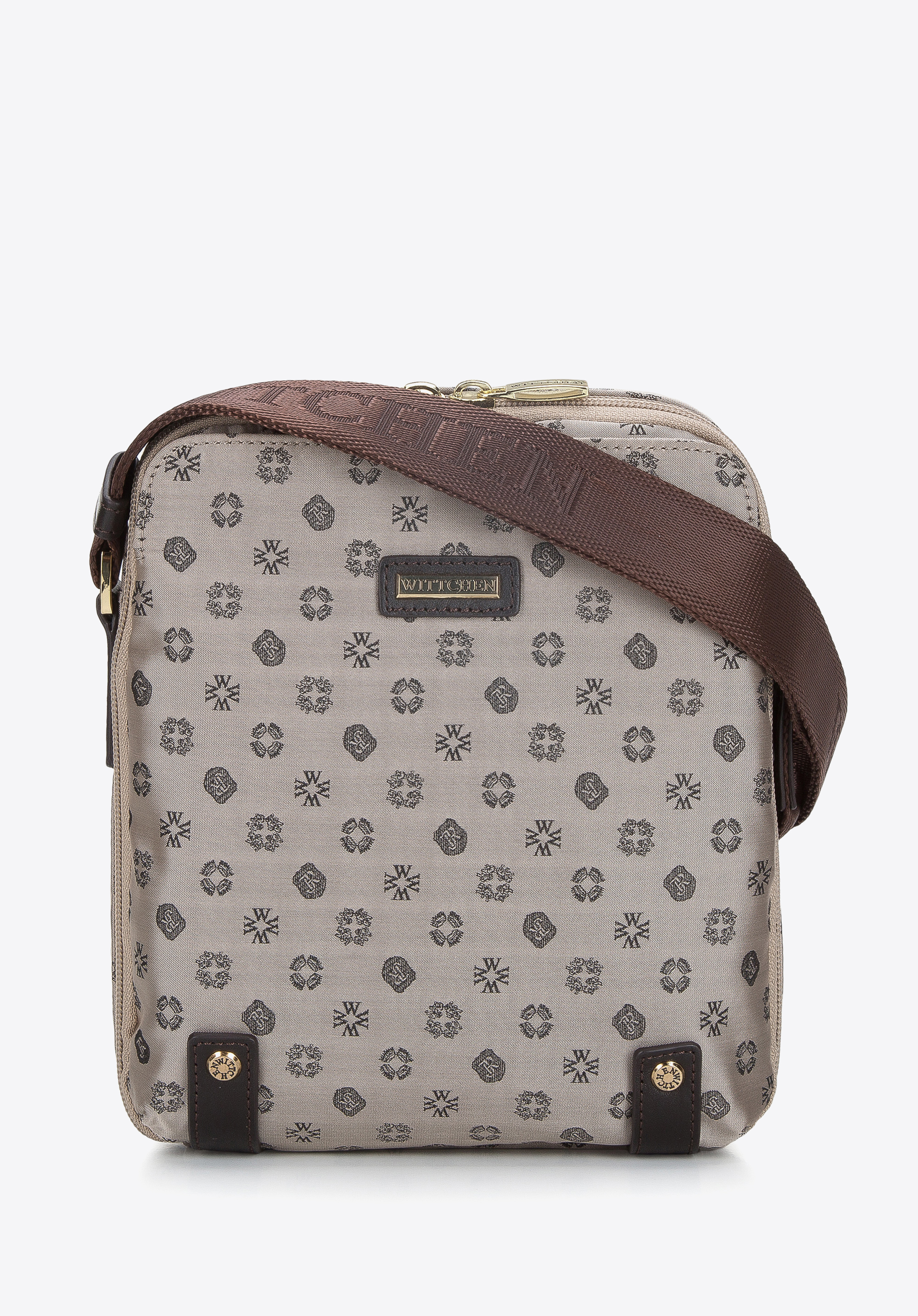 Damska torebka żakardowa z opaskami ze skóry pionowa