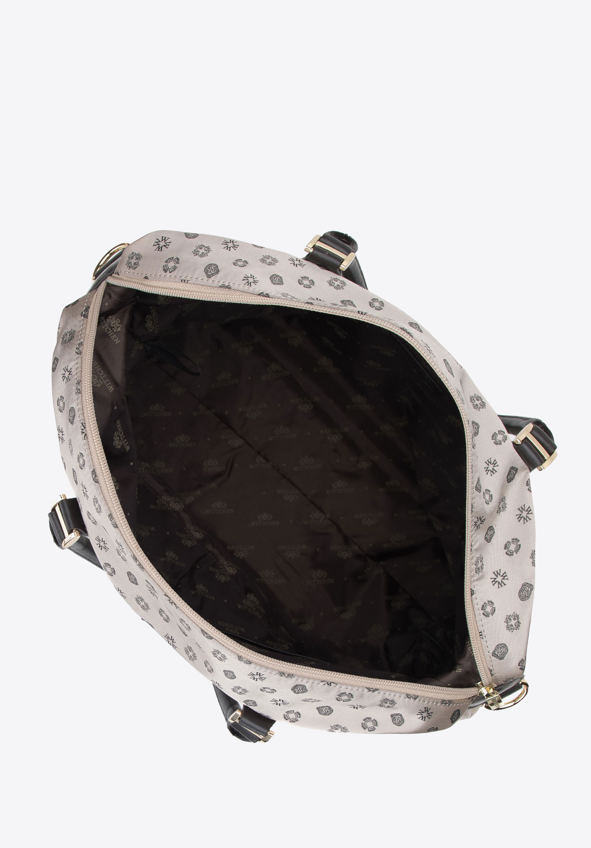 Torebka kuferek z żakardu i skóry z bocznymi zapięciami