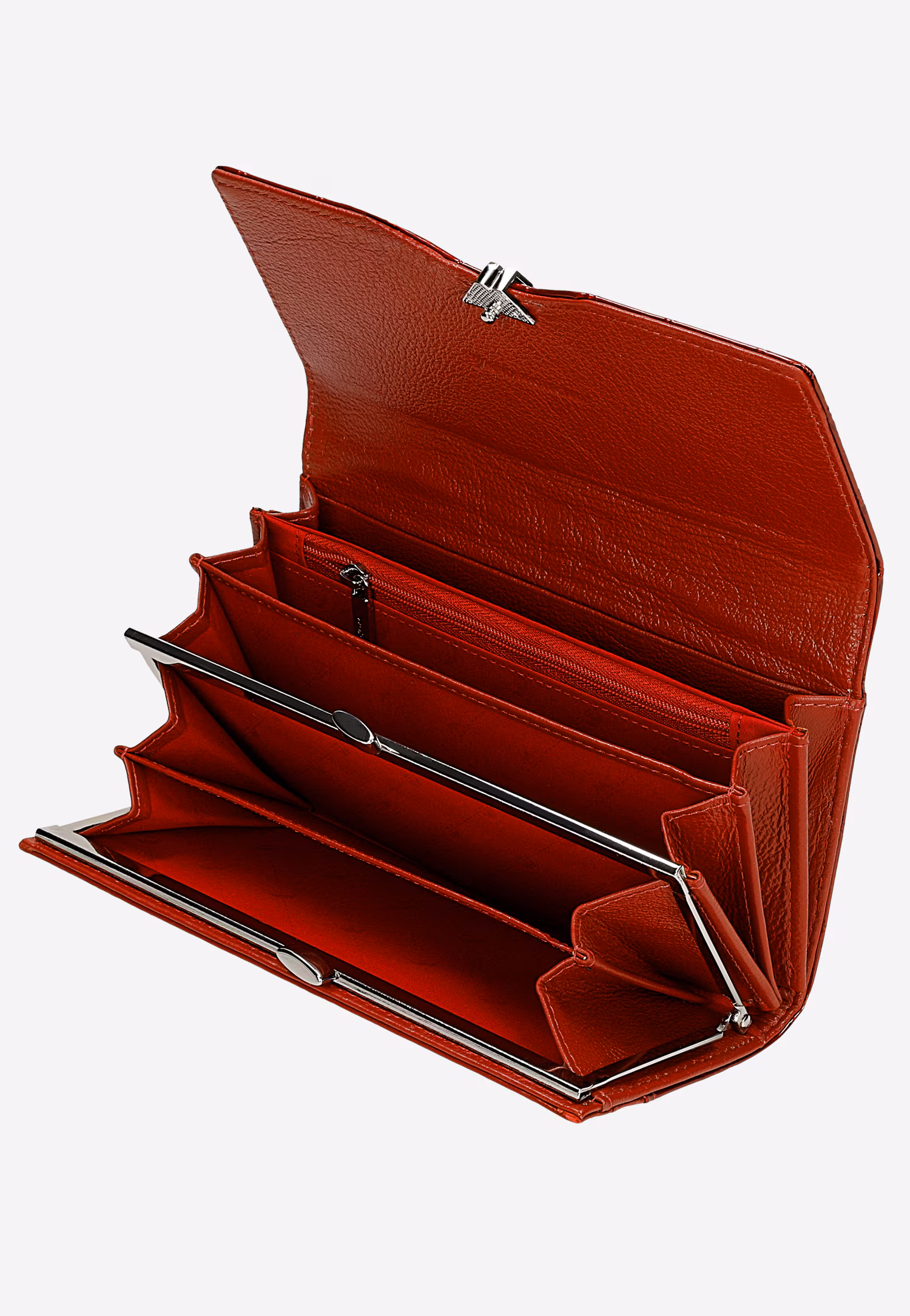 Duży czerwony portfel z lakierowanej skóry z lekko metalicznym połyskiem