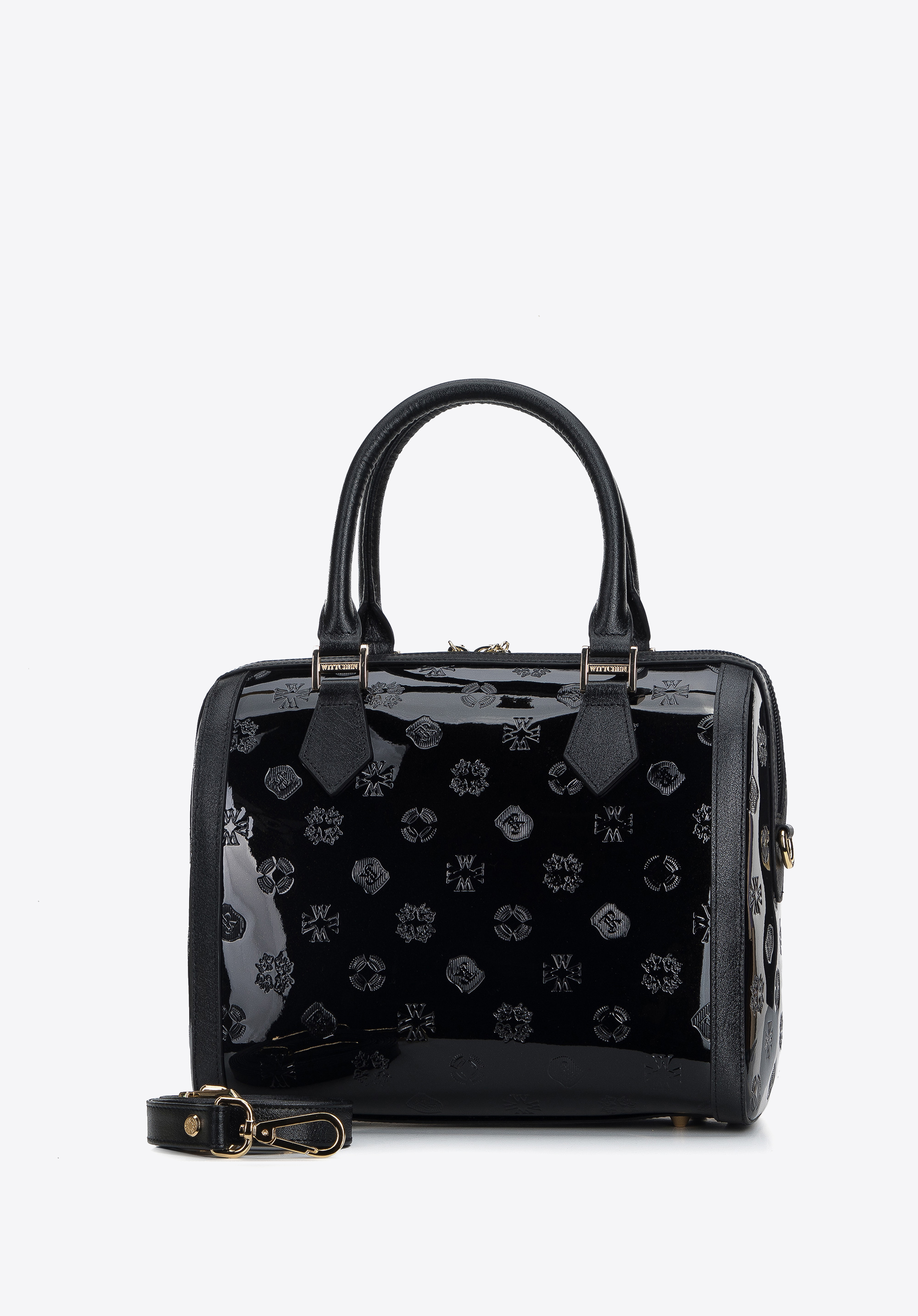 Torebka kuferek z metalicznej skóry lakierowanej