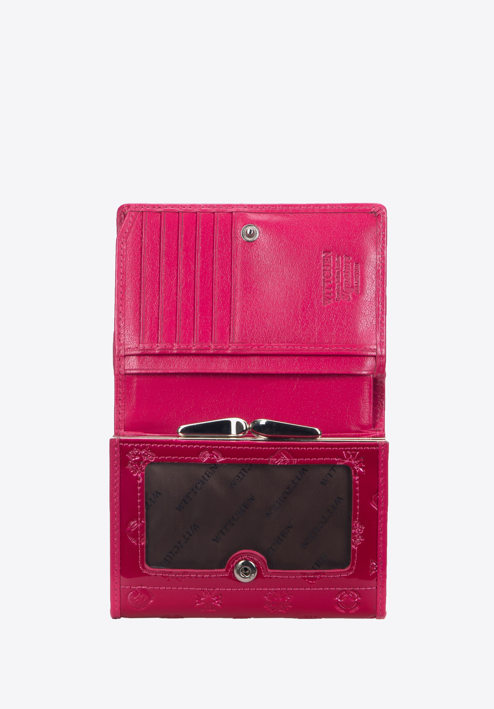 Damski portfel z lakierowanej skóry z monogramem mały