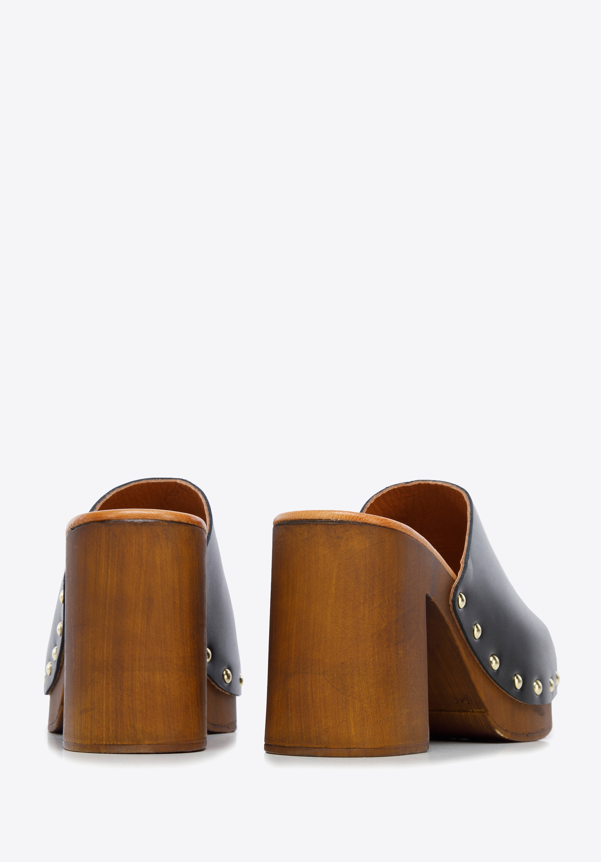 Damskie klapki skórzane na słupku z imitacji drewna