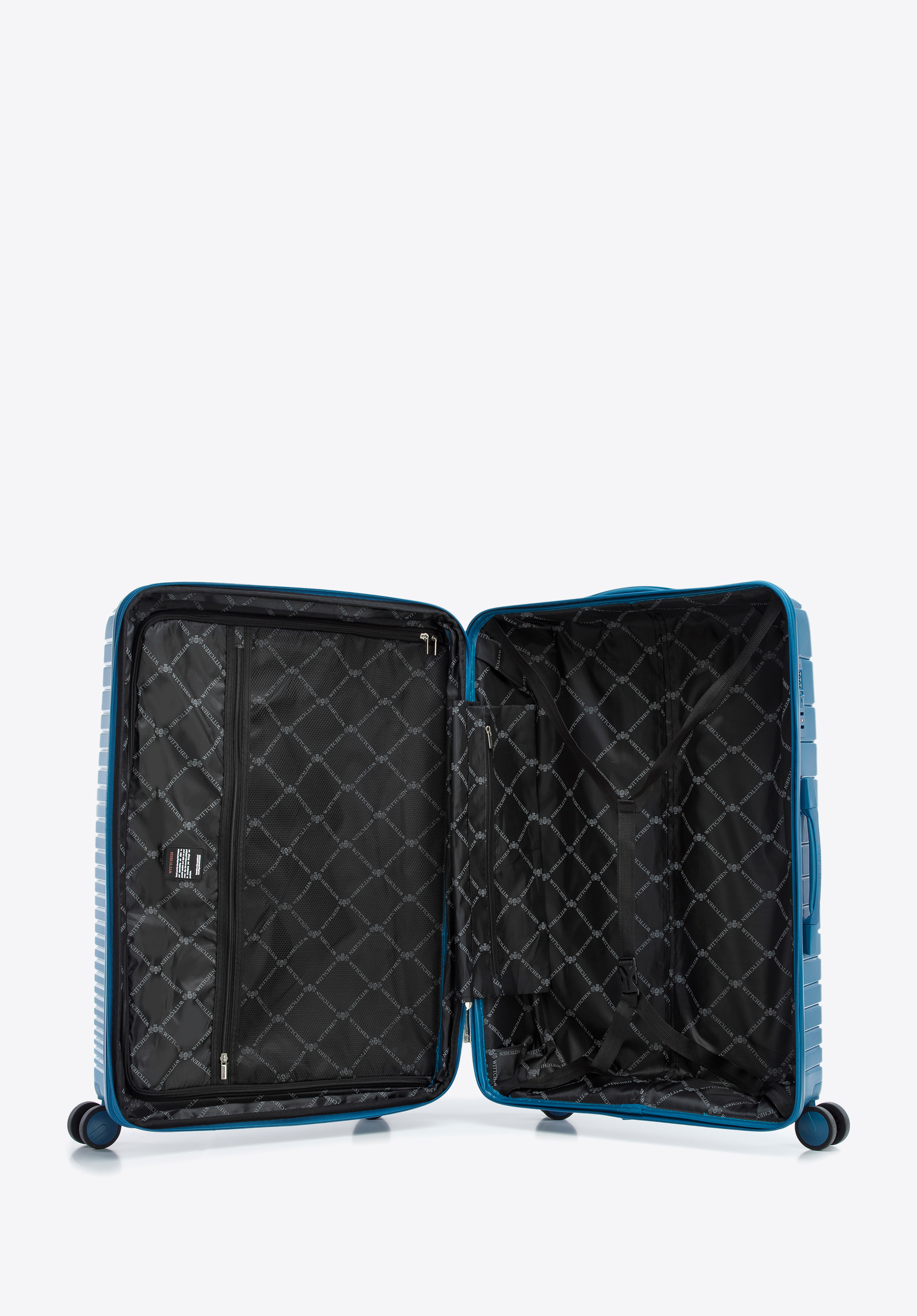 Duża walizka z polipropylenu z błyszczącymi paskami