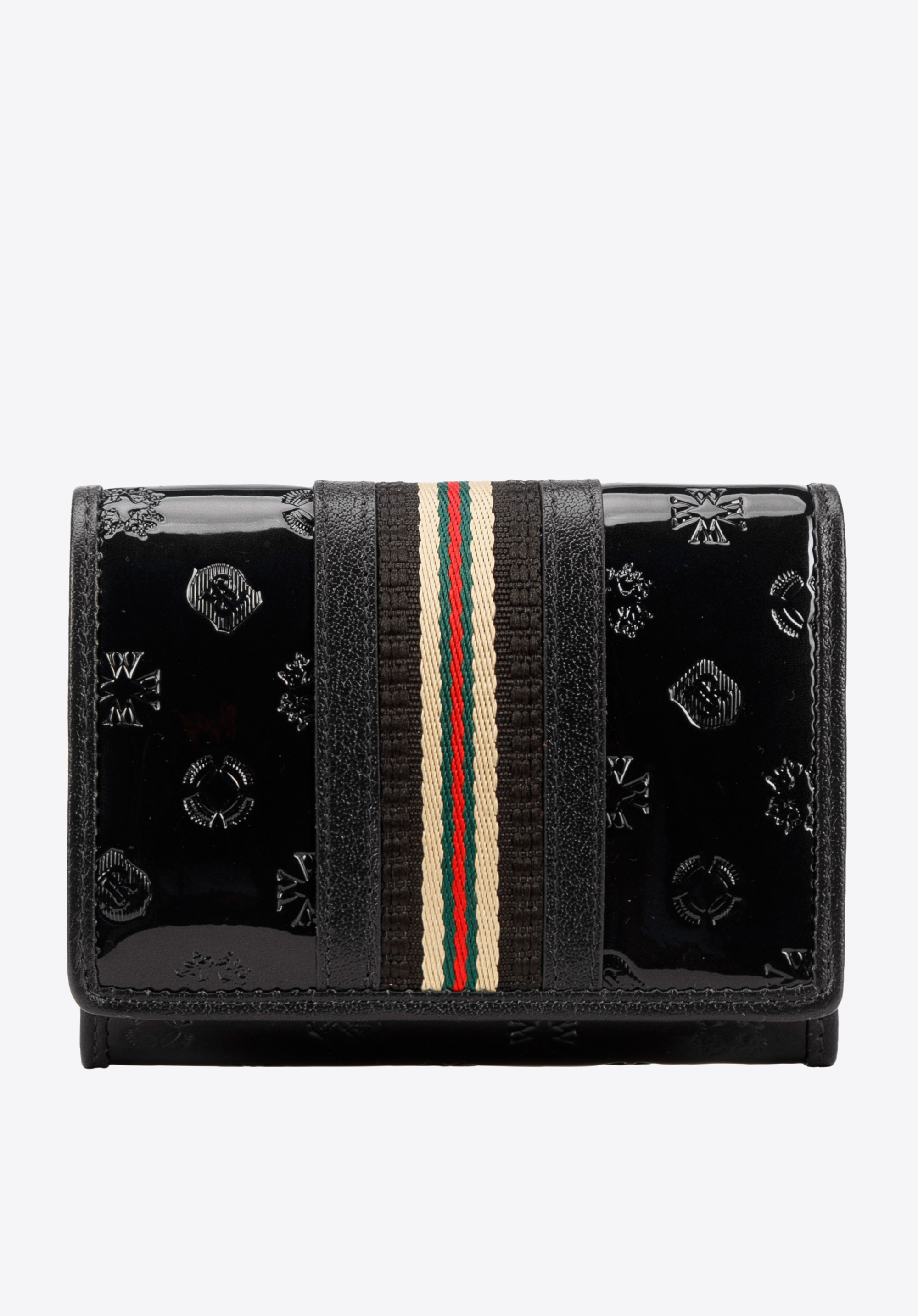 Damski portfel z lakierowanej skóry z monogramem i tasiemką mały