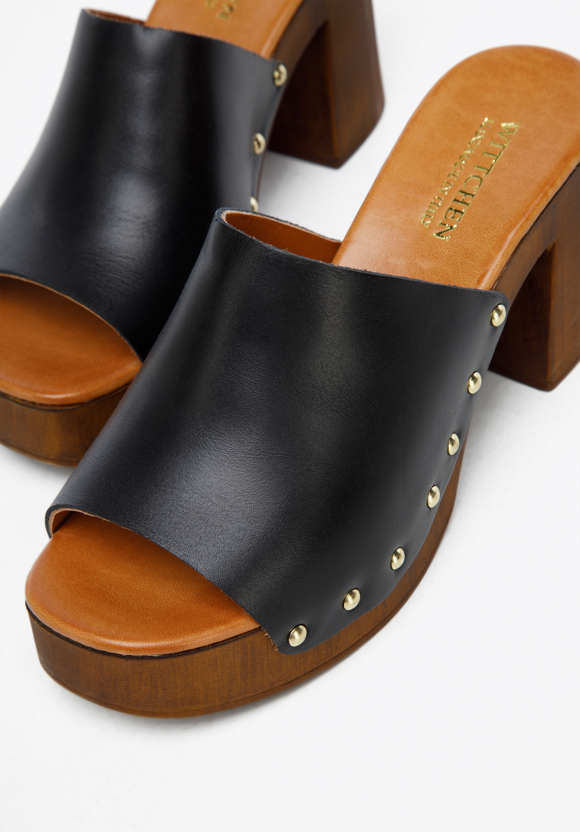 Damskie klapki skórzane na słupku z imitacji drewna