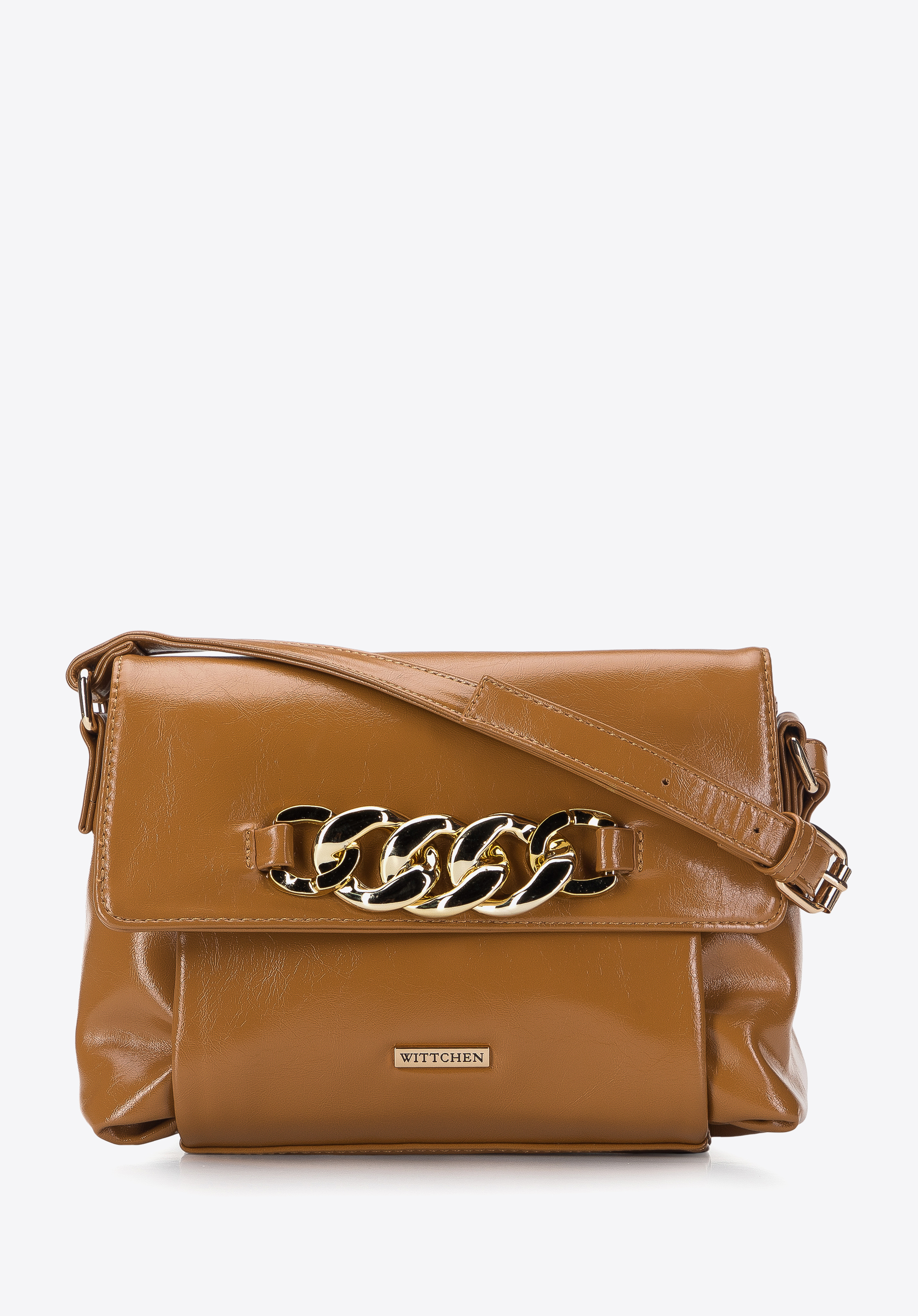 Damska listonoszka z lakierowanej ekoskóry z łańcuchem na klapie