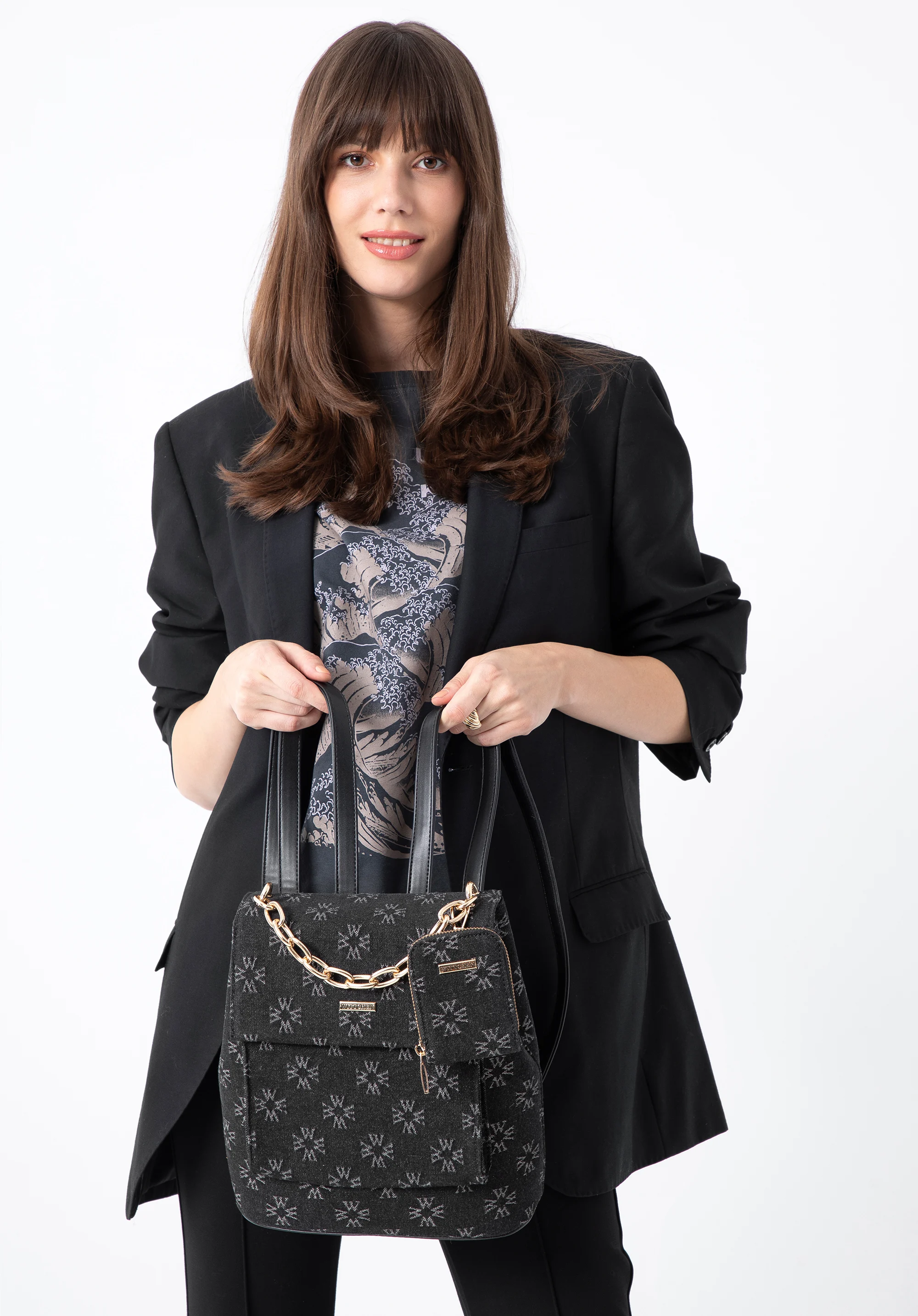 Damski plecak dżinsowy w monogram z etui