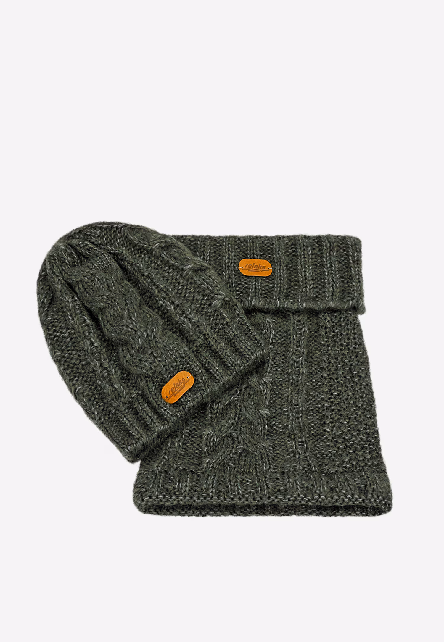 RELAKS jasnobrązowy zestaw z wełną merino - czapka + komin