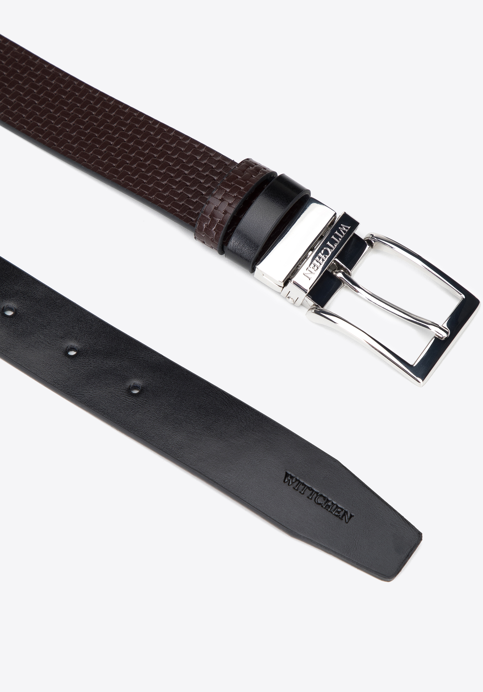 Męski pasek skórzany dwustronny z tłoczeniem w plecionkę